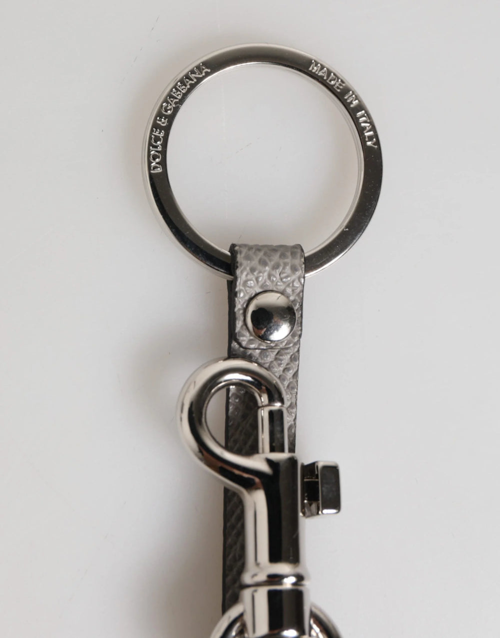 Dolce & Gabbana Gray Leather Logo Metal Ring Keychain Holder Men Keyring - Keychains