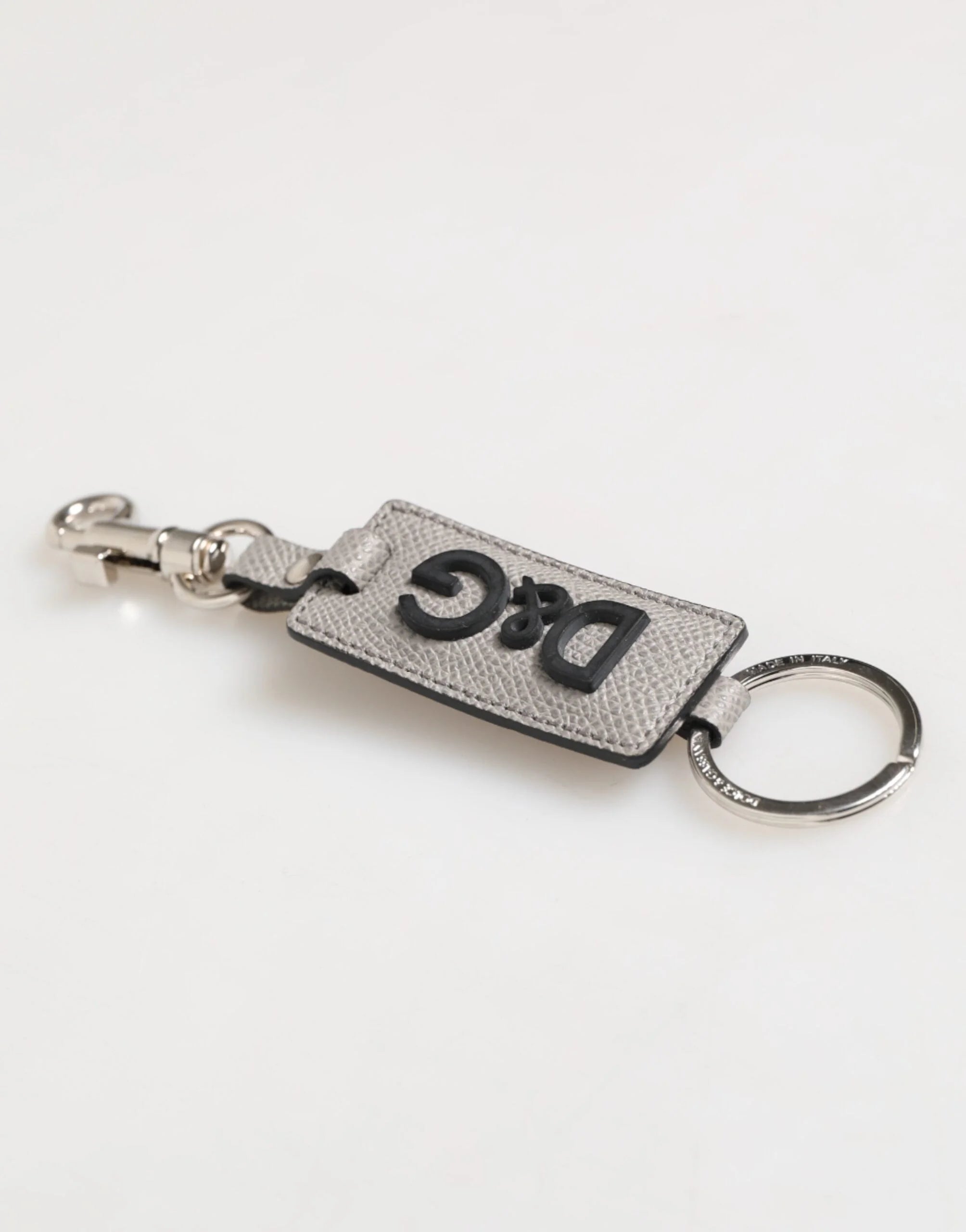 Dolce & Gabbana Gray Leather Logo Metal Ring Keychain Holder Men Keyring - Keychains