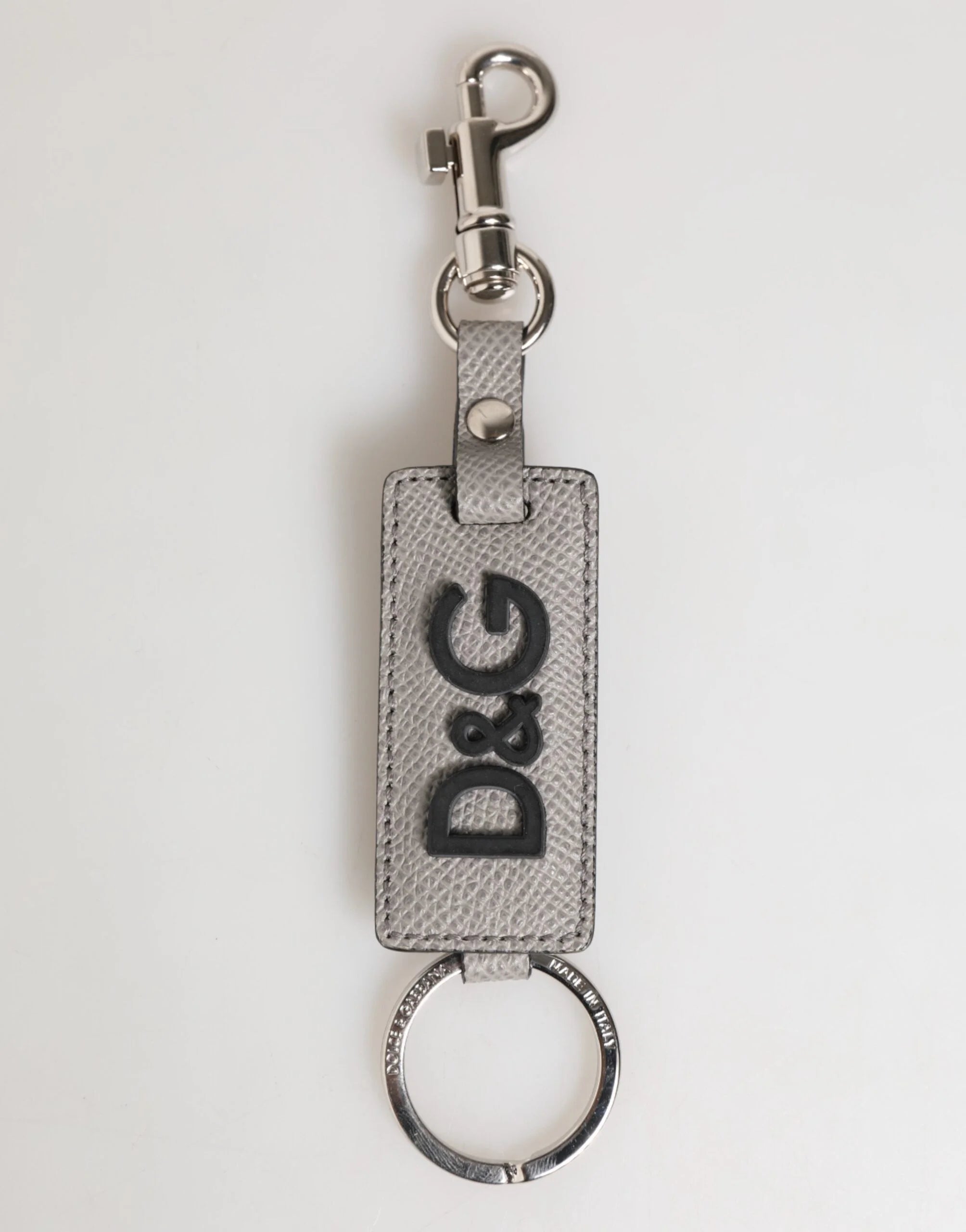 Dolce & Gabbana Gray Leather Logo Metal Ring Keychain Holder Men Keyring - Keychains