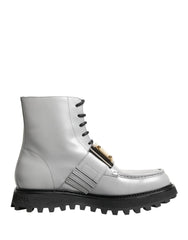 Dolce & Gabbana Gray Leather Logo Plaque Ankle Boots Shoes - EU45/US12