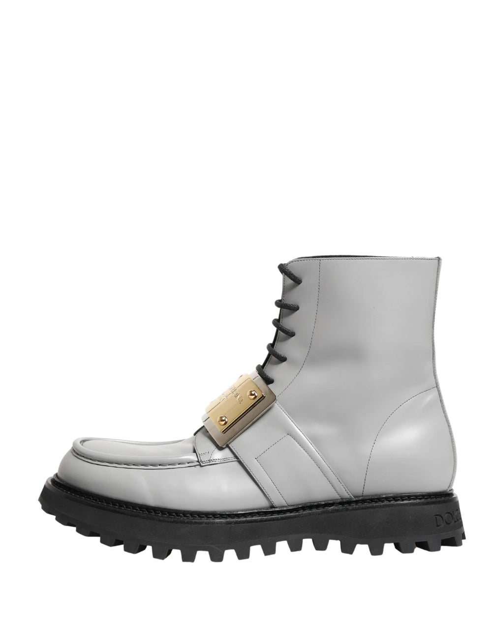 Dolce & Gabbana Gray Leather Logo Plaque Ankle Boots Shoes - EU45/US12