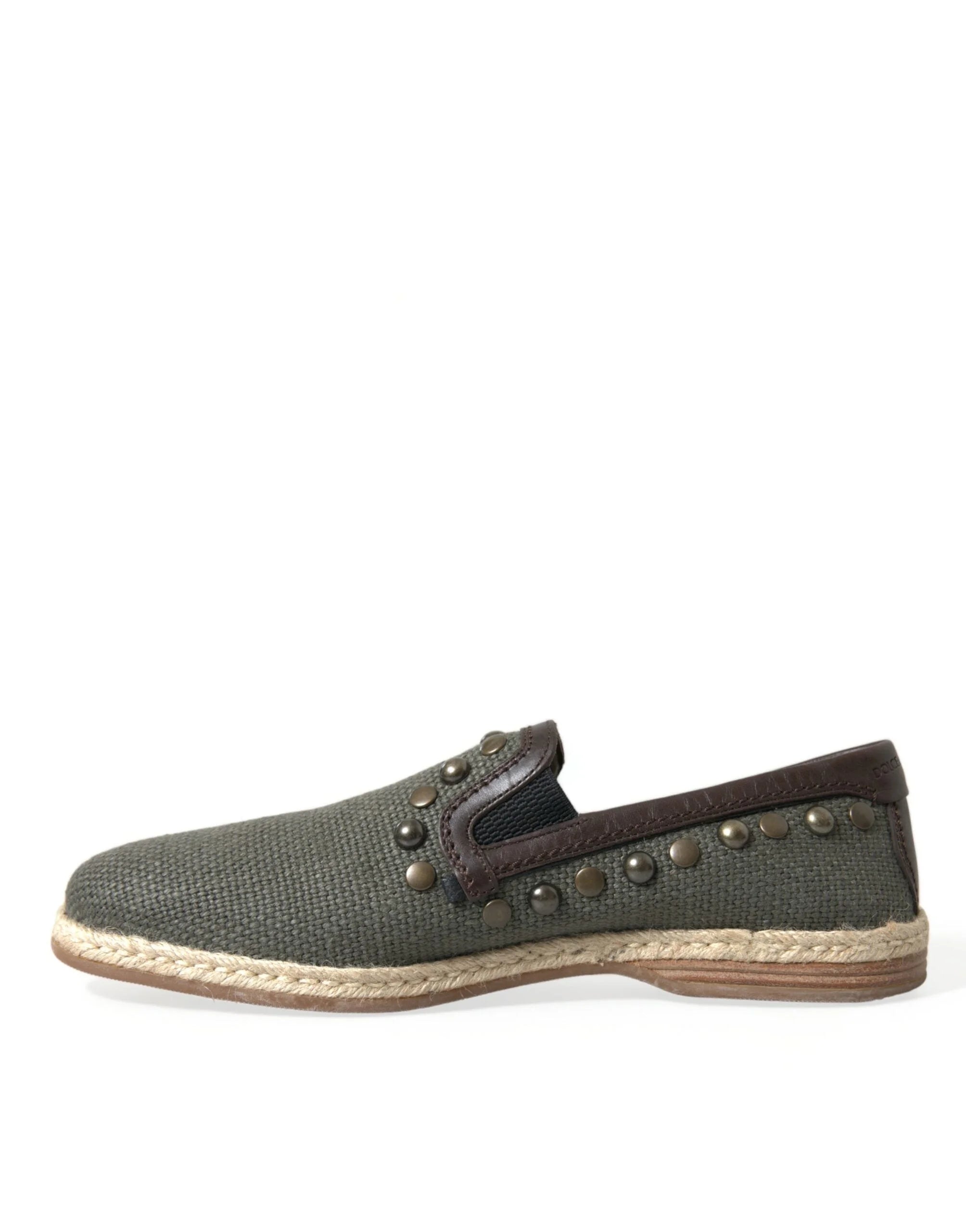 Dolce & Gabbana Gray Linen Leather Studded Loafers Shoes - EU40/US7