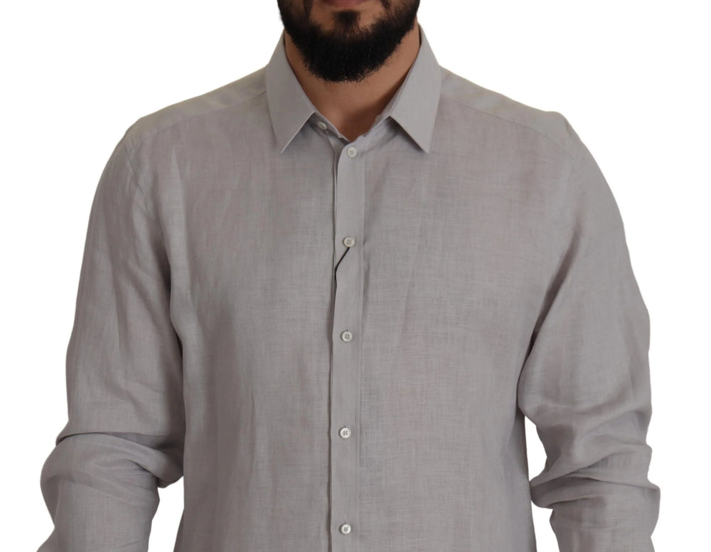 Dolce & Gabbana Gray Linen Long Sleeves Formal GOLD Shirt - Shirts
