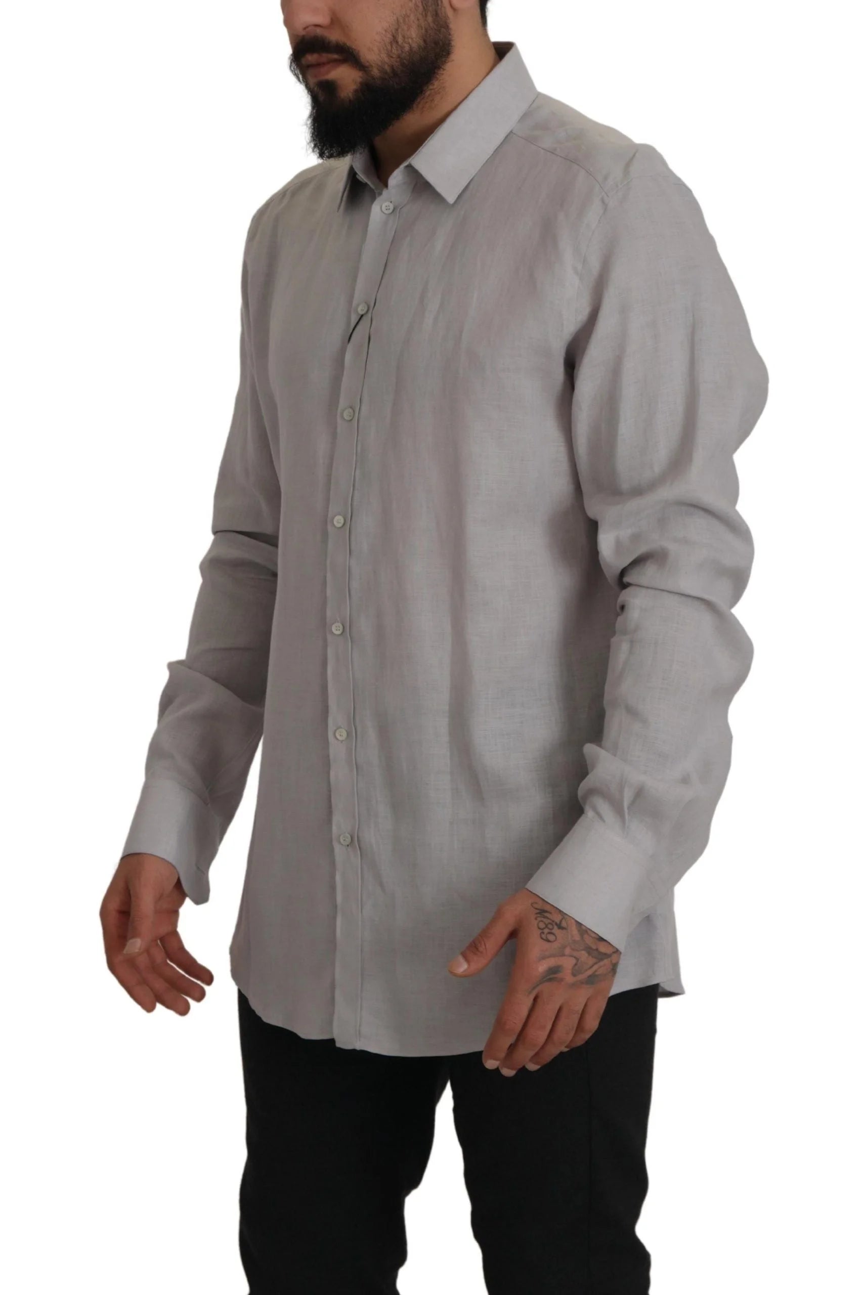 Dolce & Gabbana Gray Linen Long Sleeves Formal GOLD Shirt - Shirts