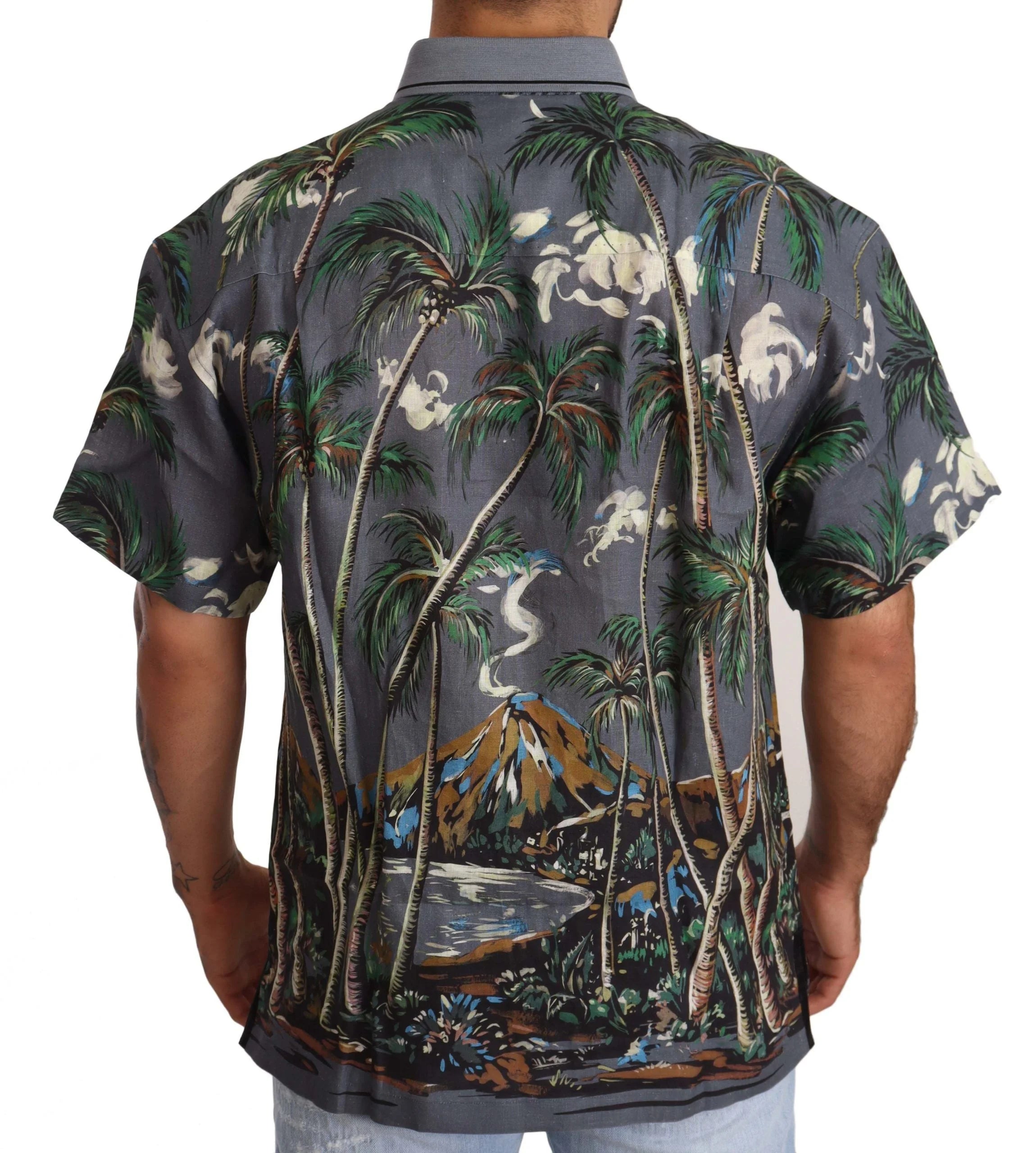 Dolce & Gabbana Gray Linen Tropical Print Collared Shirt - IT40 | M - Shirts