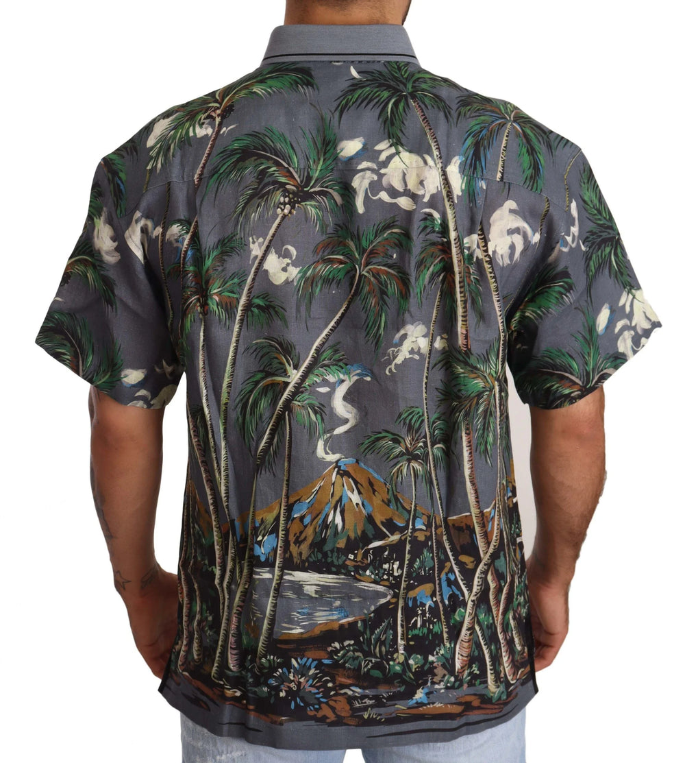 Dolce & Gabbana Gray Linen Tropical Print Collared Shirt - IT40 | M - Shirts