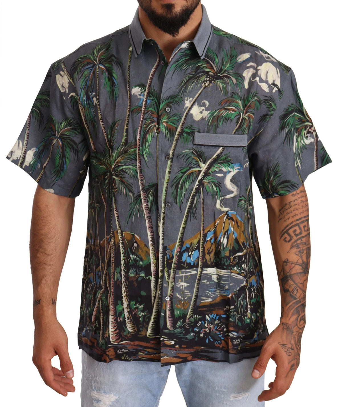 Dolce & Gabbana Gray Linen Tropical Print Collared Shirt - IT40 | M - Shirts