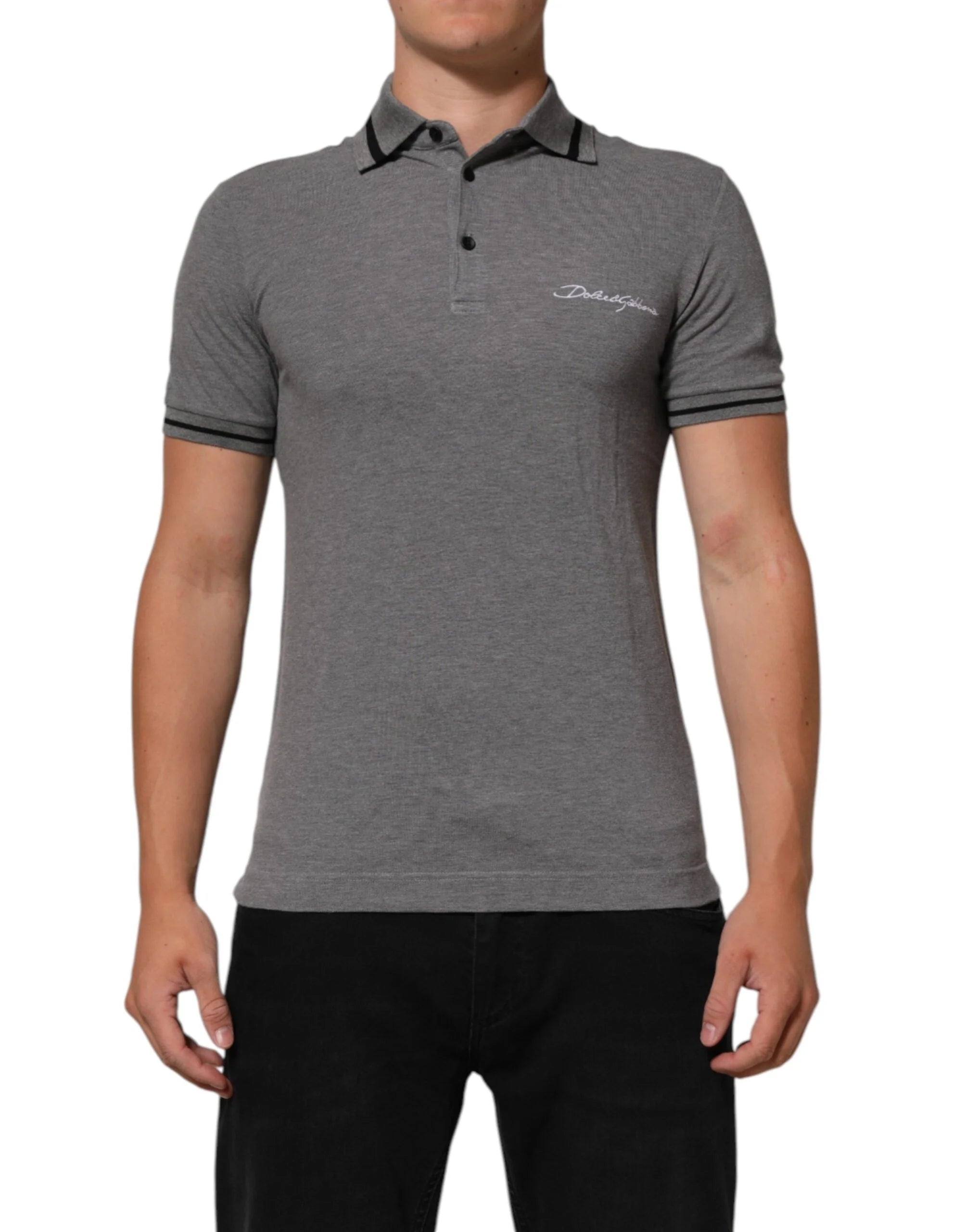 Dolce & Gabbana Gray Logo Embroidery Collared Polo T-shirt - IT44 | XS