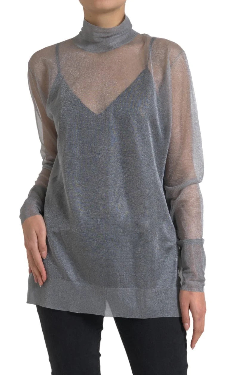 Dolce & Gabbana Gray Mesh Turtleneck Long Sleeve Blouse Top - IT44 | L - Blouses