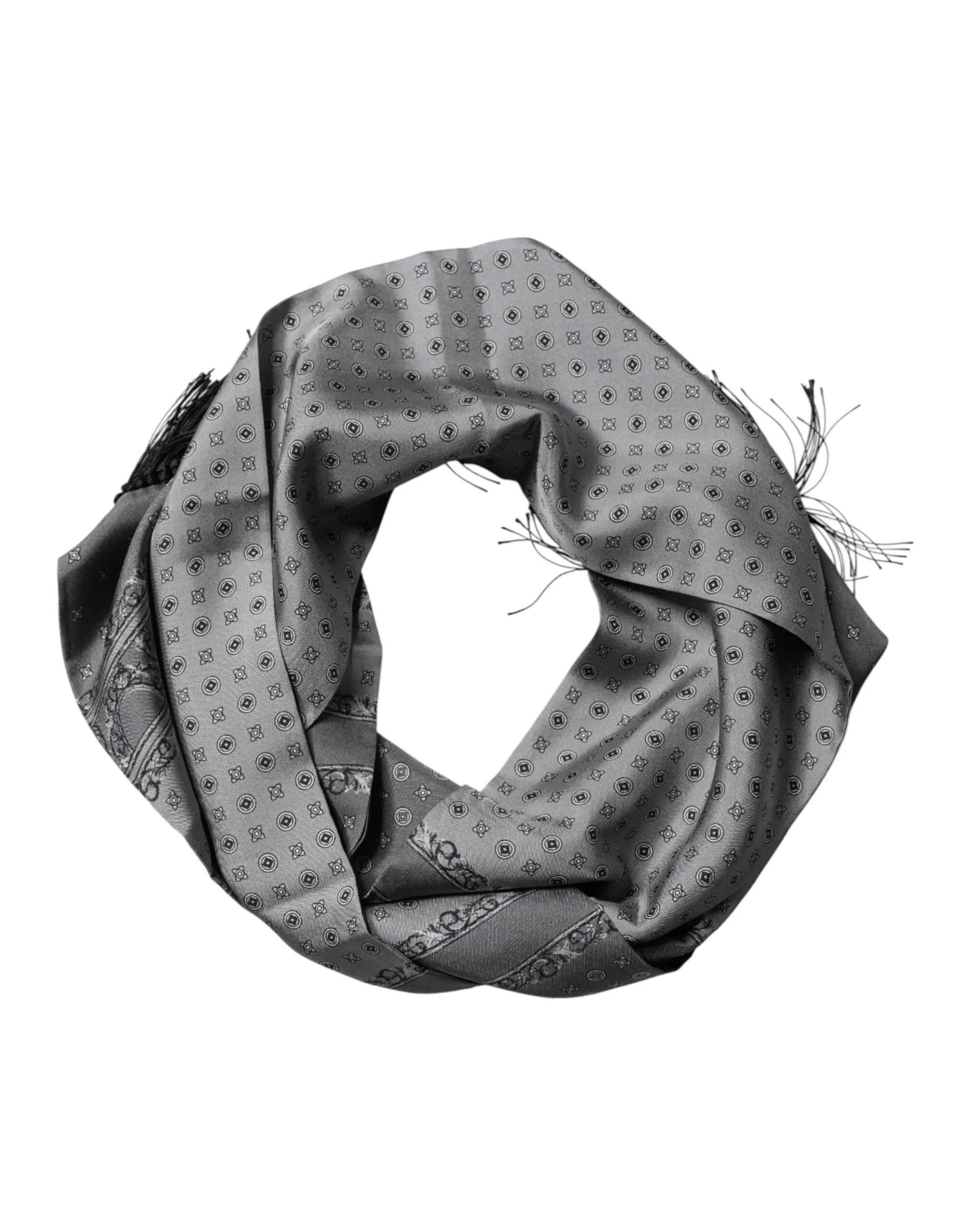 Dolce & Gabbana Gray Patterned Fringes Neck Foulard Scarf