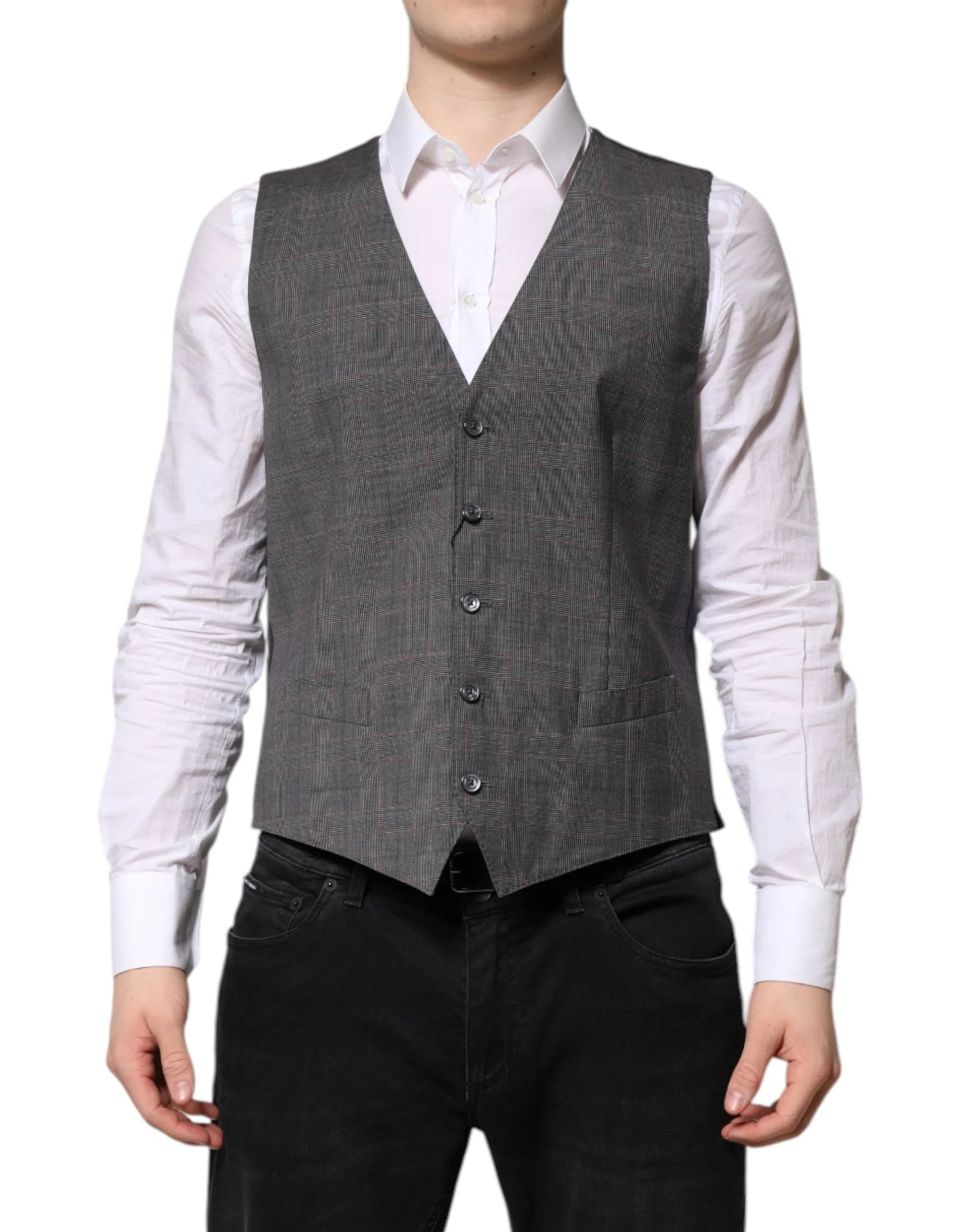 Dolce & Gabbana Gray Plaid Wool Formal Dress Waistcoat Vest - Vests