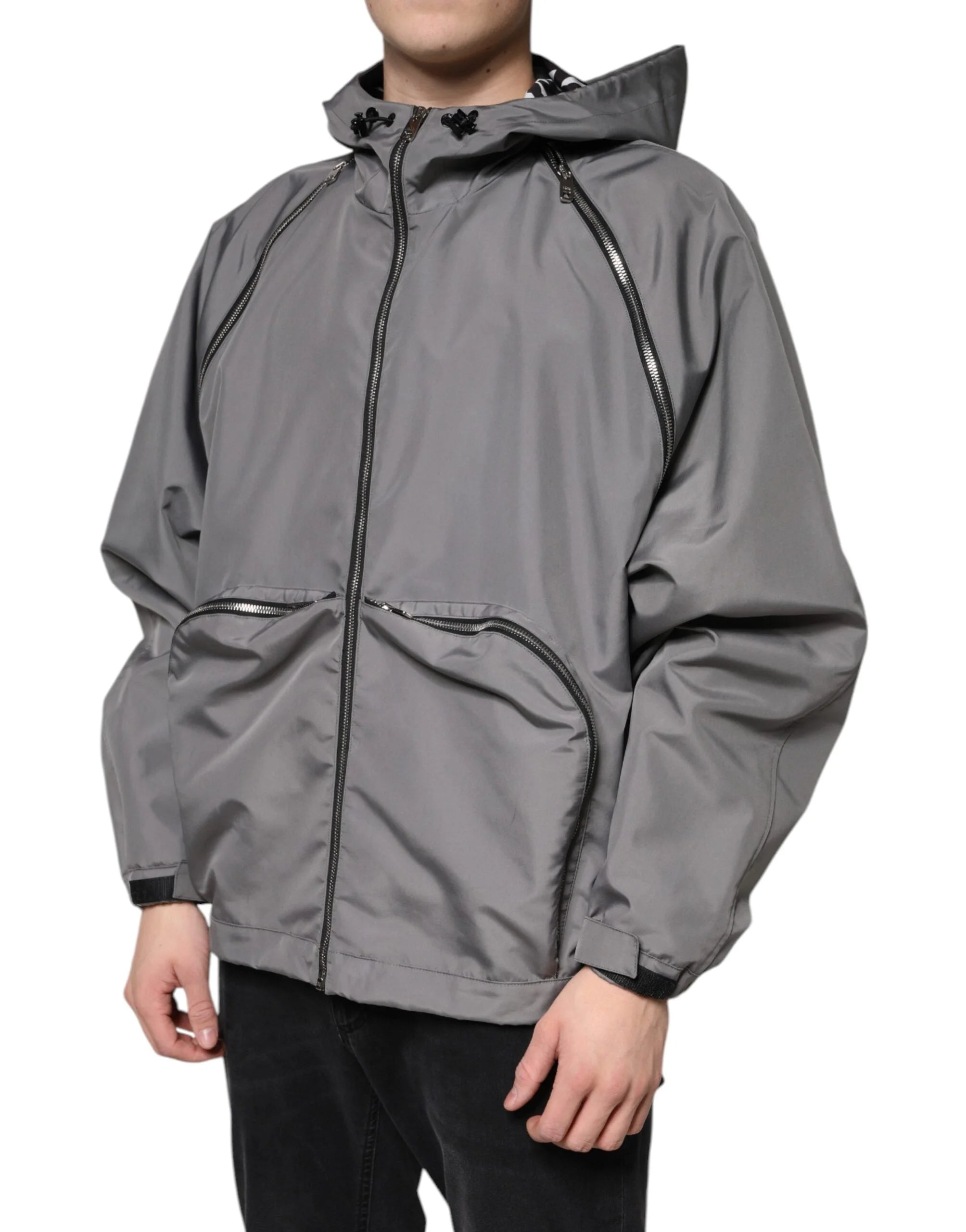 Dolce & Gabbana Gray Polyester Hooded Men Full Zip Jacket - IT48 | M - Windbreakers