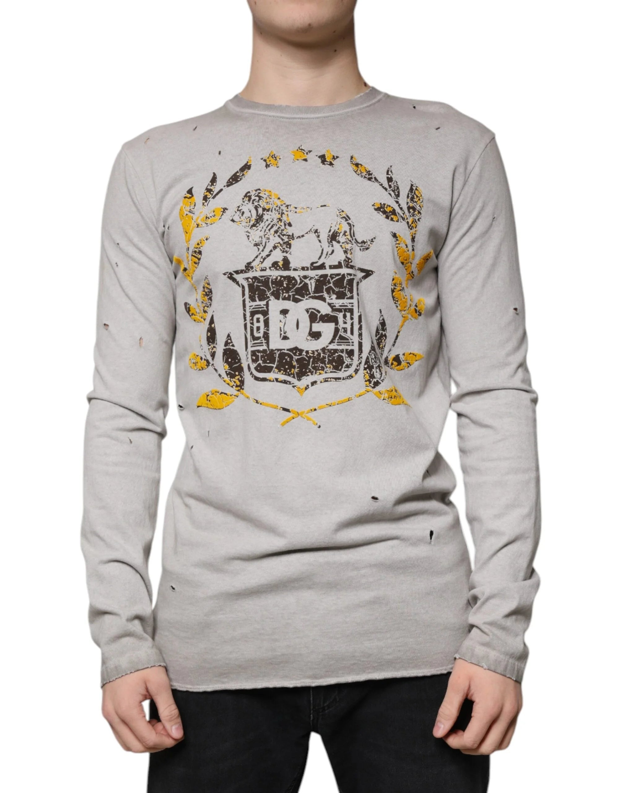 Dolce & Gabbana Gray Printed Cotton Crewneck Pullover Sweater - IT48 | M - Sweaters