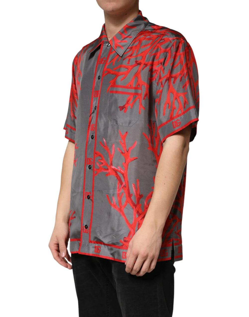 Dolce & Gabbana Gray Red Corals Short Sleeves Casual Shirt - IT42 | XL