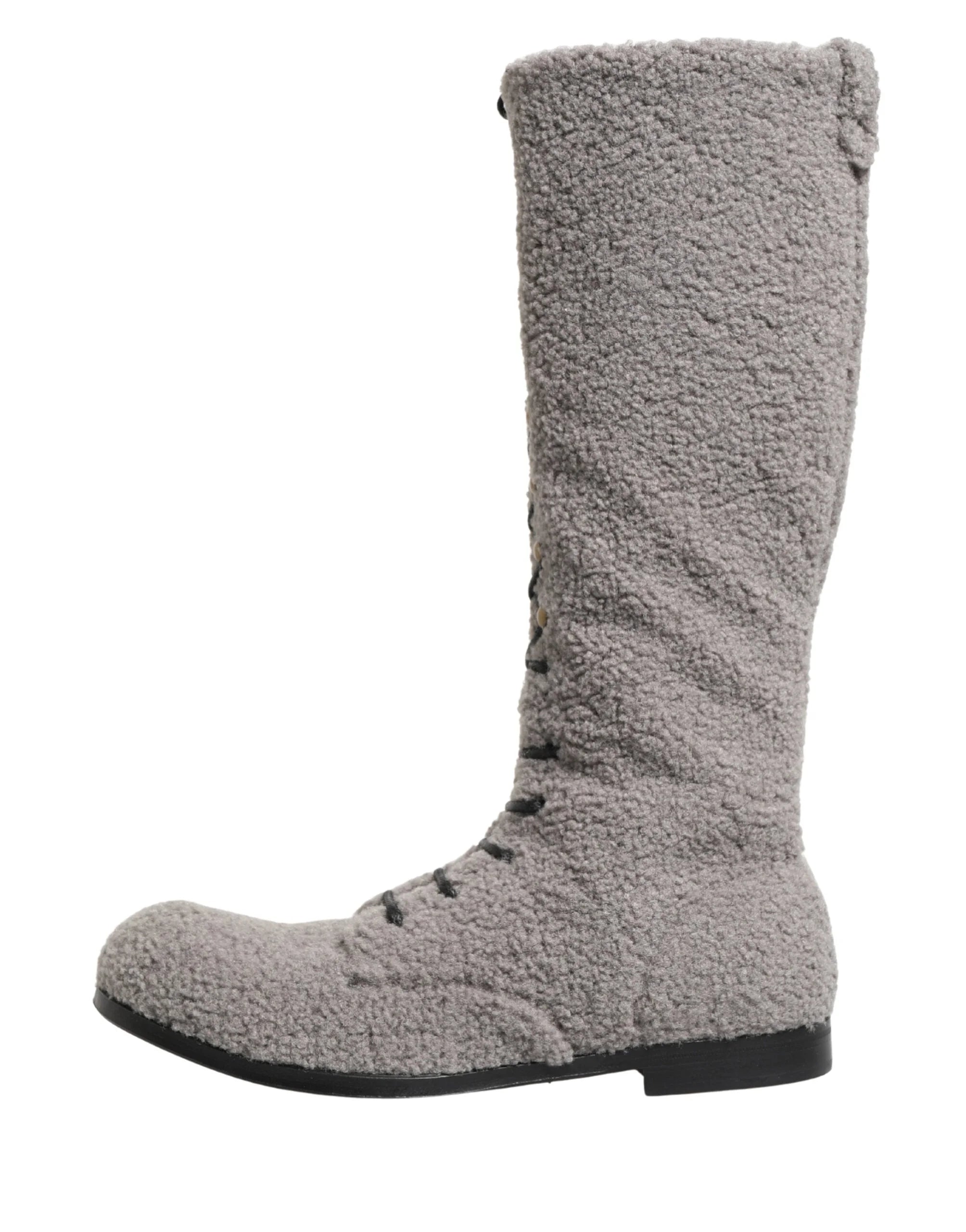 Dolce & Gabbana Grå Ullshearling Snörstövlar Knähöga Skor - EU44/US11 - Stövlar