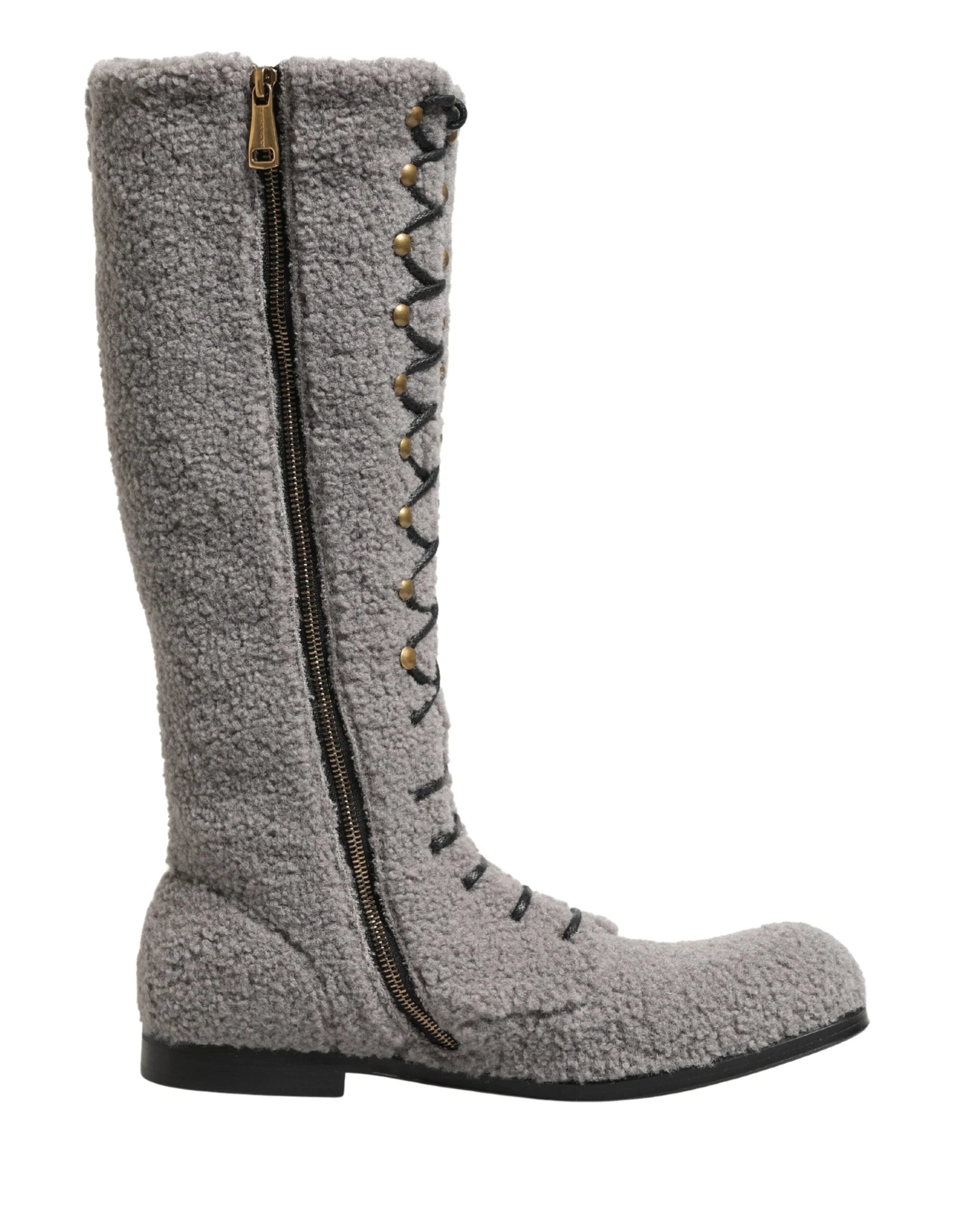 Dolce & Gabbana Grå Ullshearling Snörstövlar Knähöga Skor - EU44/US11 - Stövlar