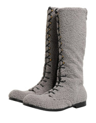 Dolce & Gabbana Grå Ullshearling Snörstövlar Knähöga Skor - EU44/US11 - Stövlar