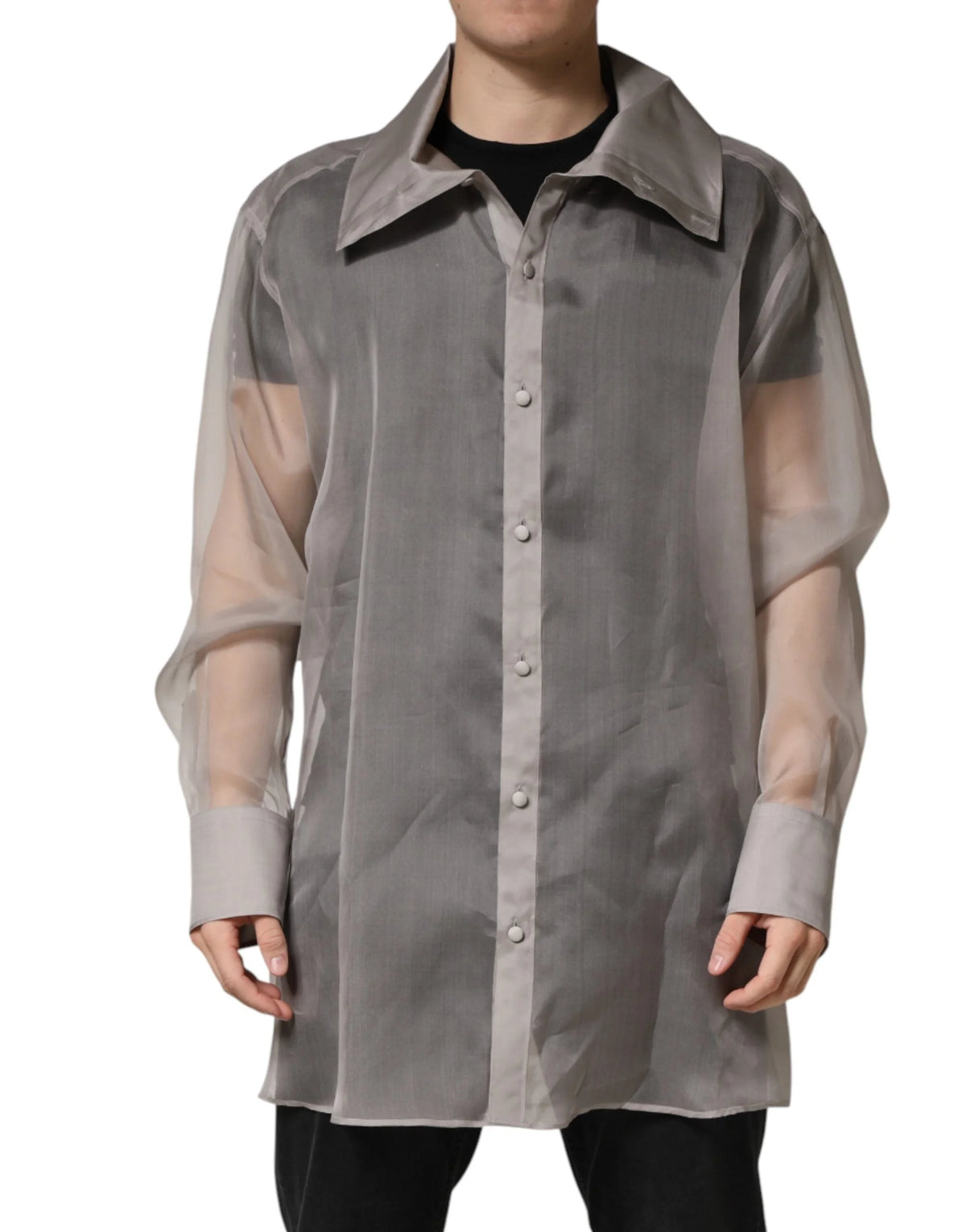 Dolce & Gabbana Gray Sheer Silk Button Front Men Dress Shirt - IT43 | 2XL