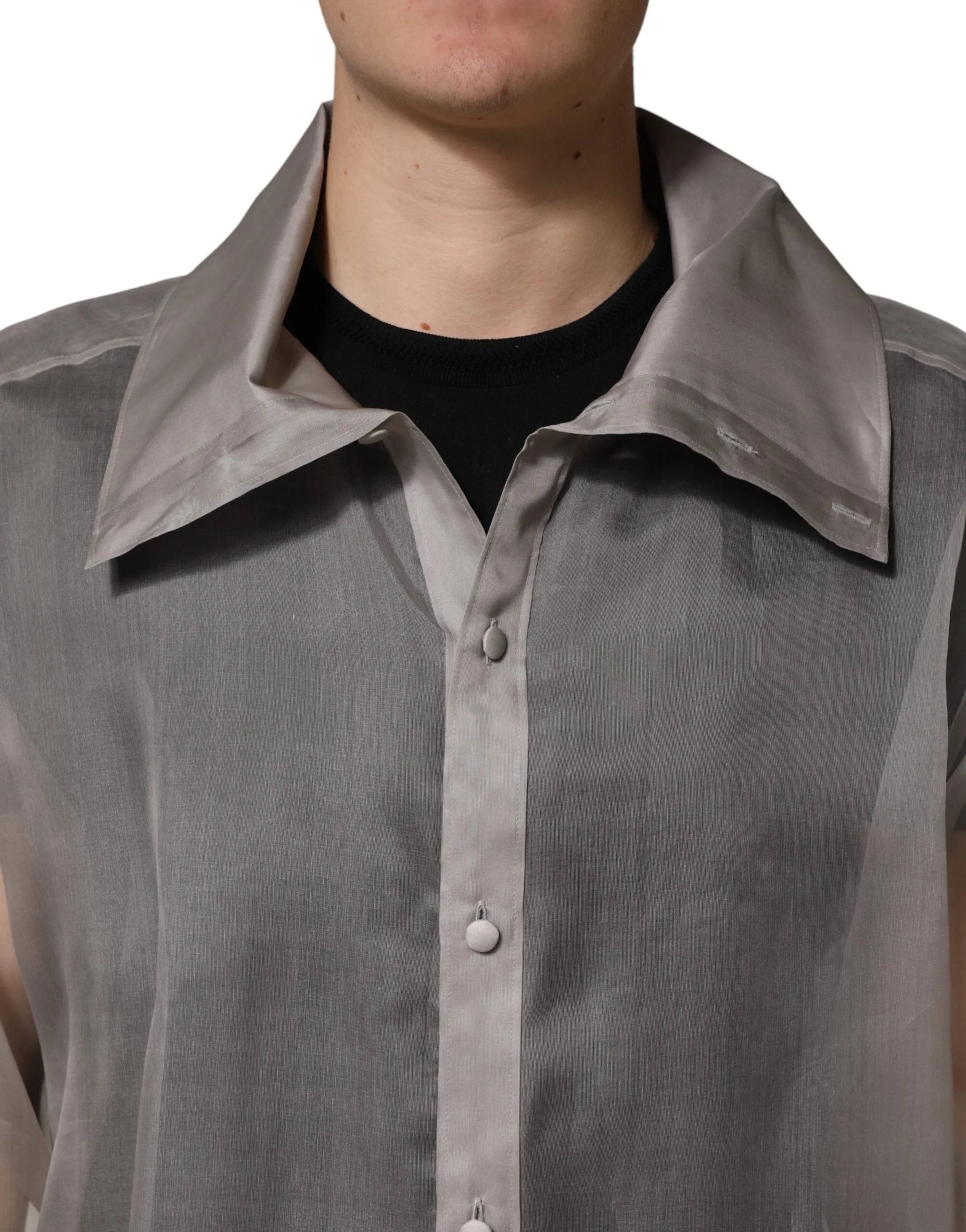 Dolce & Gabbana Gray Sheer Silk Button Front Men Dress Shirt - IT43 | 2XL