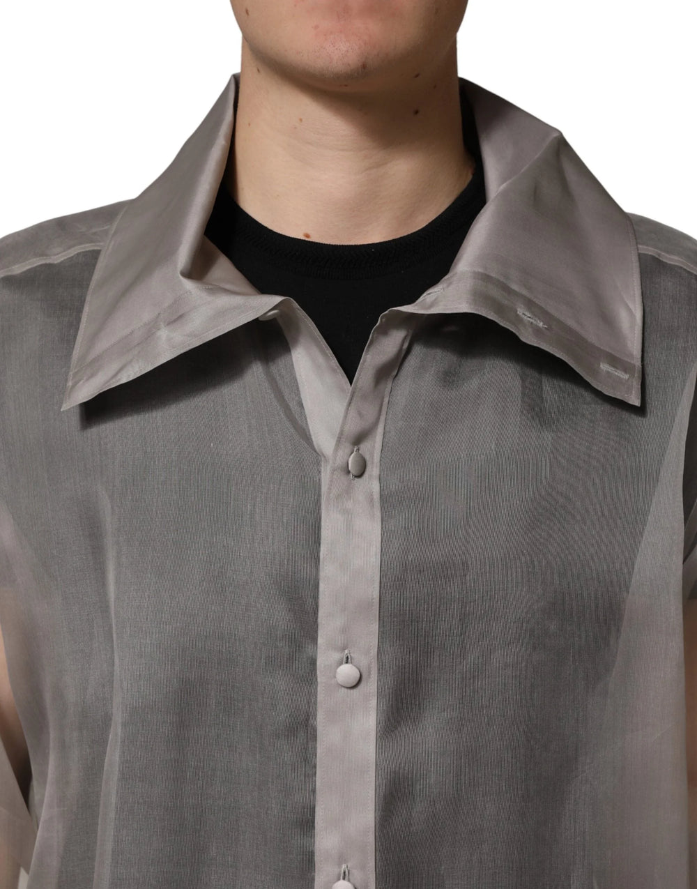 Dolce & Gabbana Gray Sheer Silk Button Front Men Dress Shirt - IT43 | 2XL
