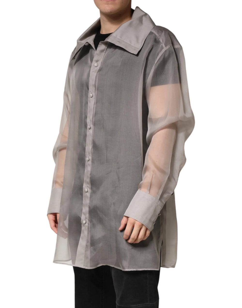 Dolce & Gabbana Gray Sheer Silk Button Front Men Dress Shirt - IT43 | 2XL