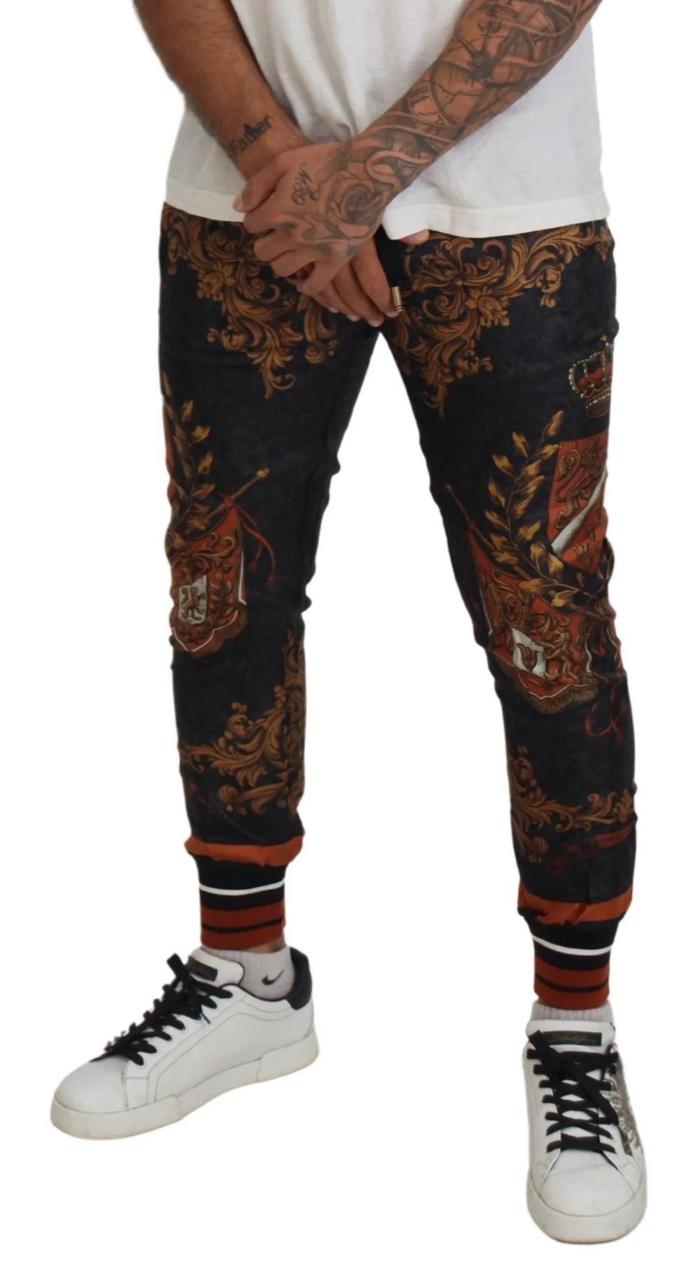 Dolce & Gabbana Gray Silk Baroque Crown Trousers Sport Pants - Sweatpants