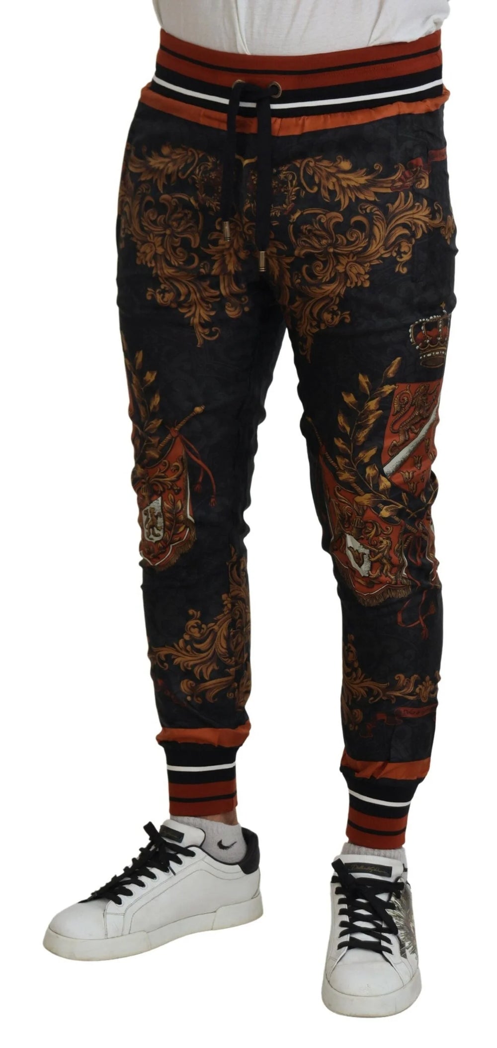 Dolce & Gabbana Gray Silk Baroque Crown Trousers Sport Pants - Sweatpants