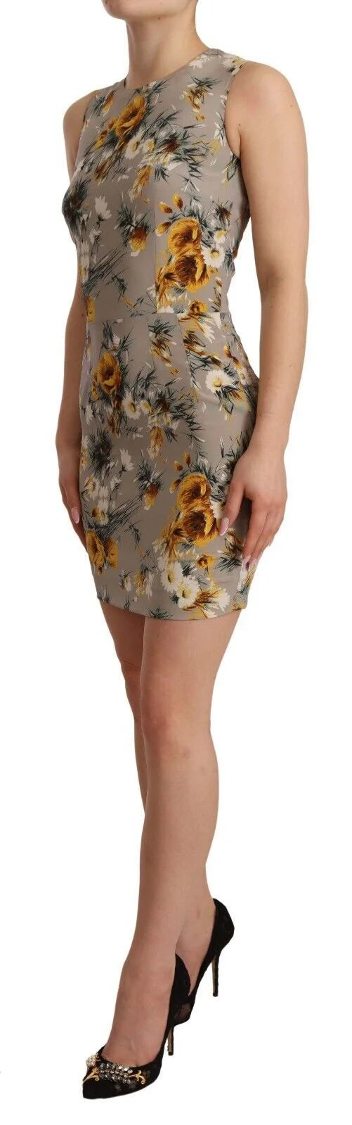 Dolce & Gabbana Gray Silk Stretch Floral Sheath Mini Dress - IT40|S - Dresses