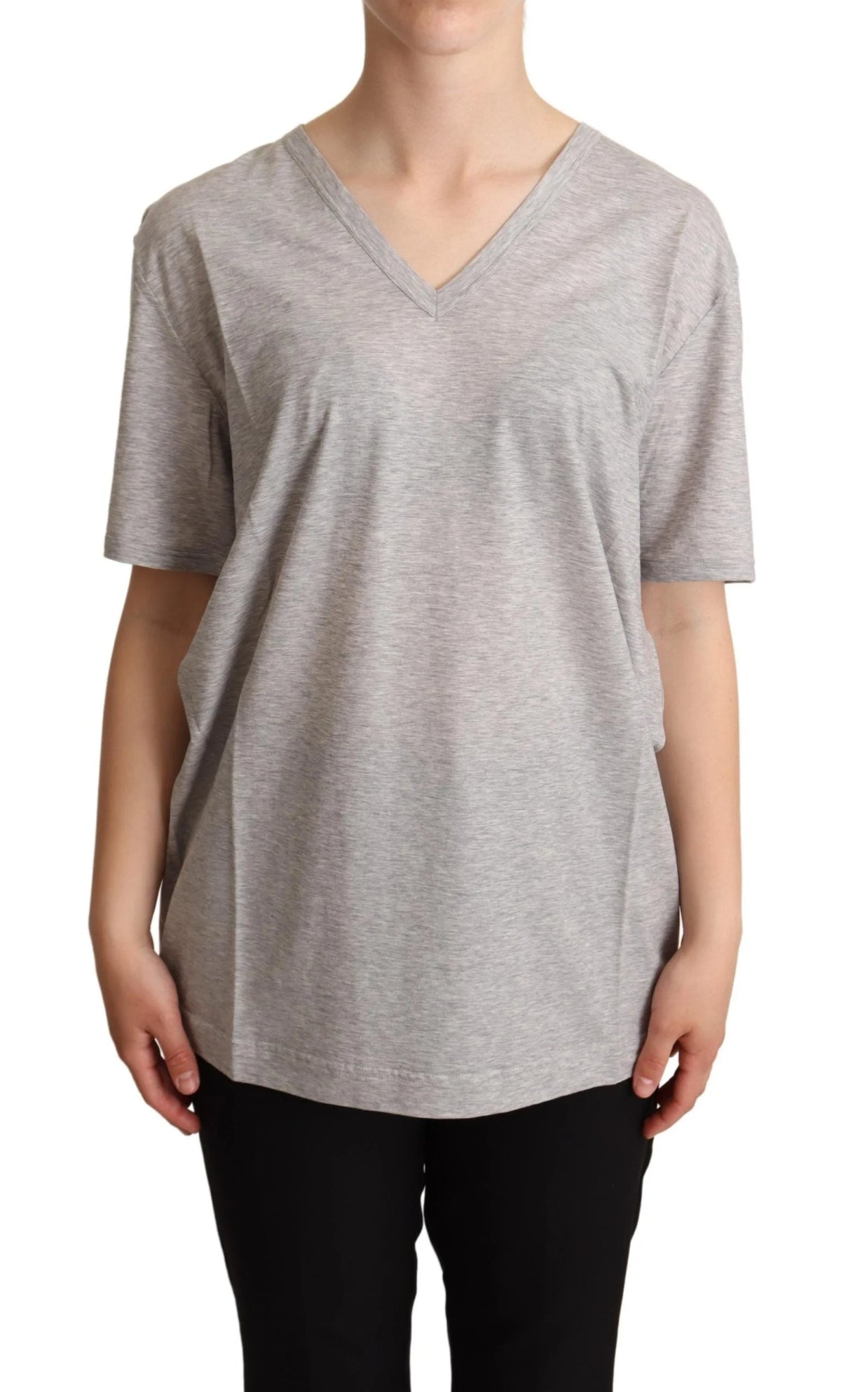 Dolce & Gabbana Gray Solid 100% Cotton V-neck Top T-shirt - T-Shirts