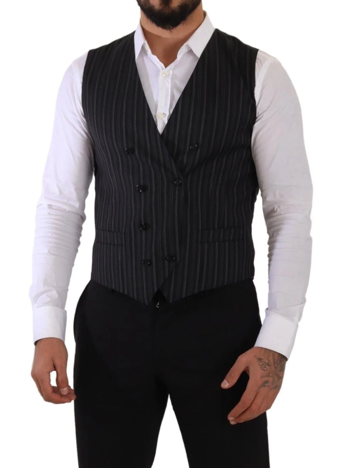 Dolce & Gabbana Gray Striped Double Breasted Waistcoat Vest - IT48 | M - Vests