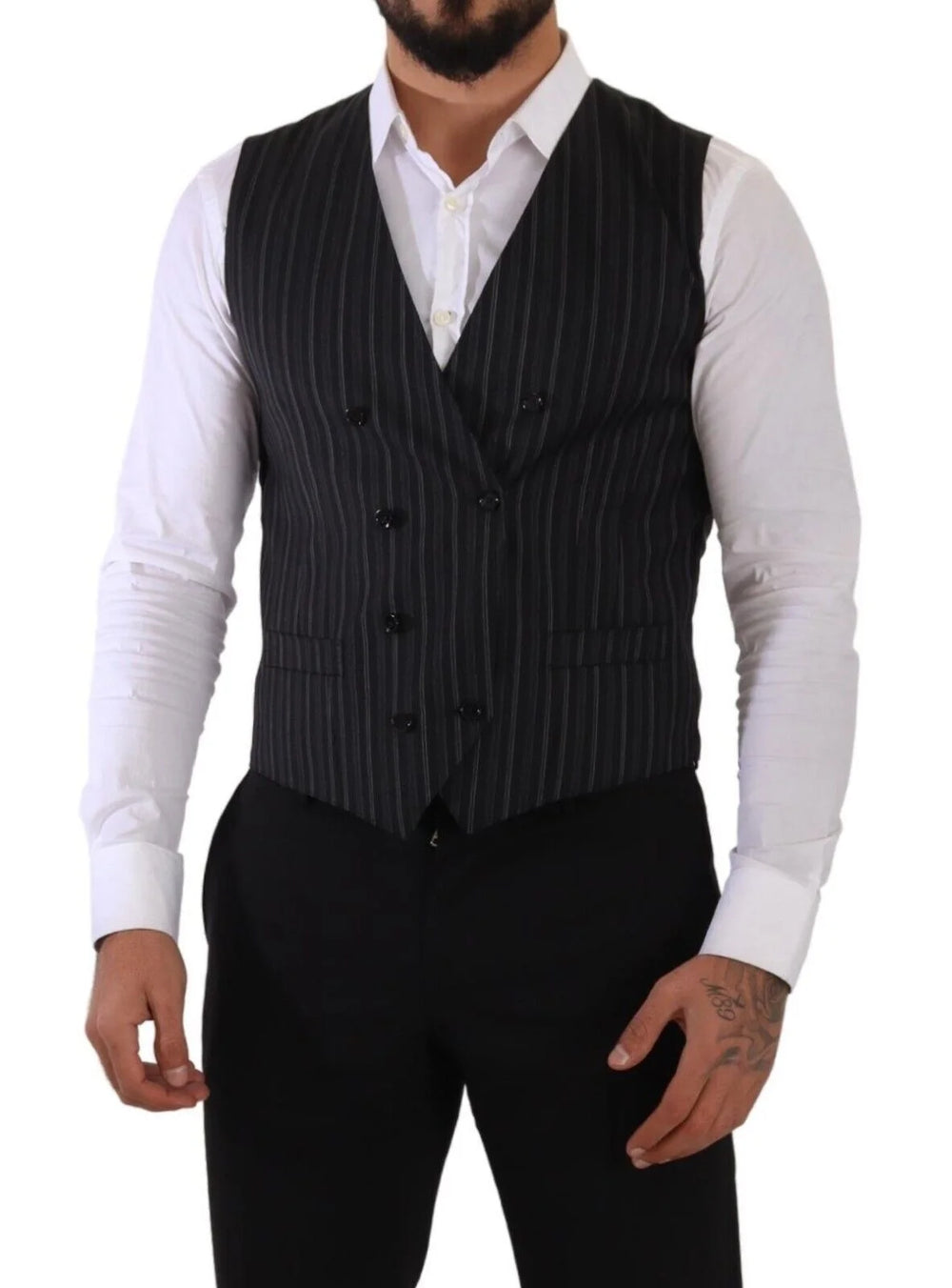 Dolce & Gabbana Gray Striped Double Breasted Waistcoat Vest - IT48 | M - Vests