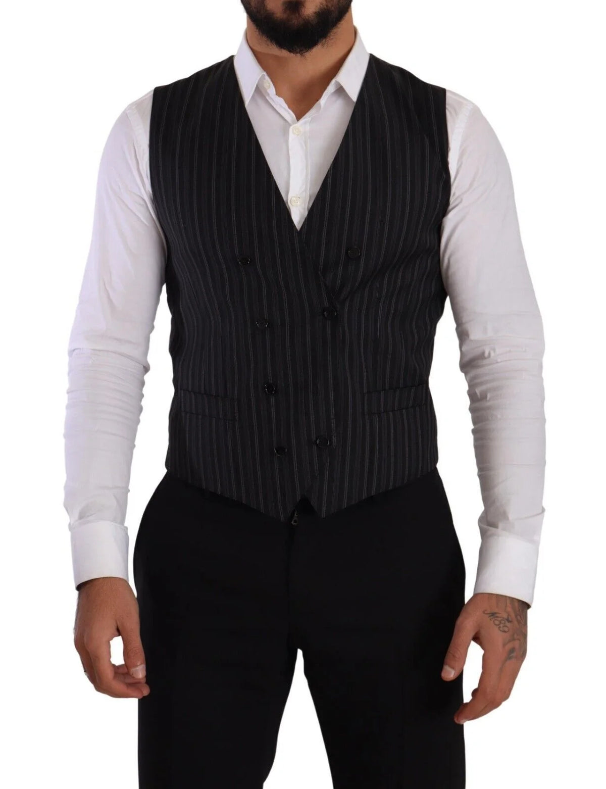 Dolce & Gabbana Gray Striped Double Breasted Waistcoat Vest - IT48 | M - Vests