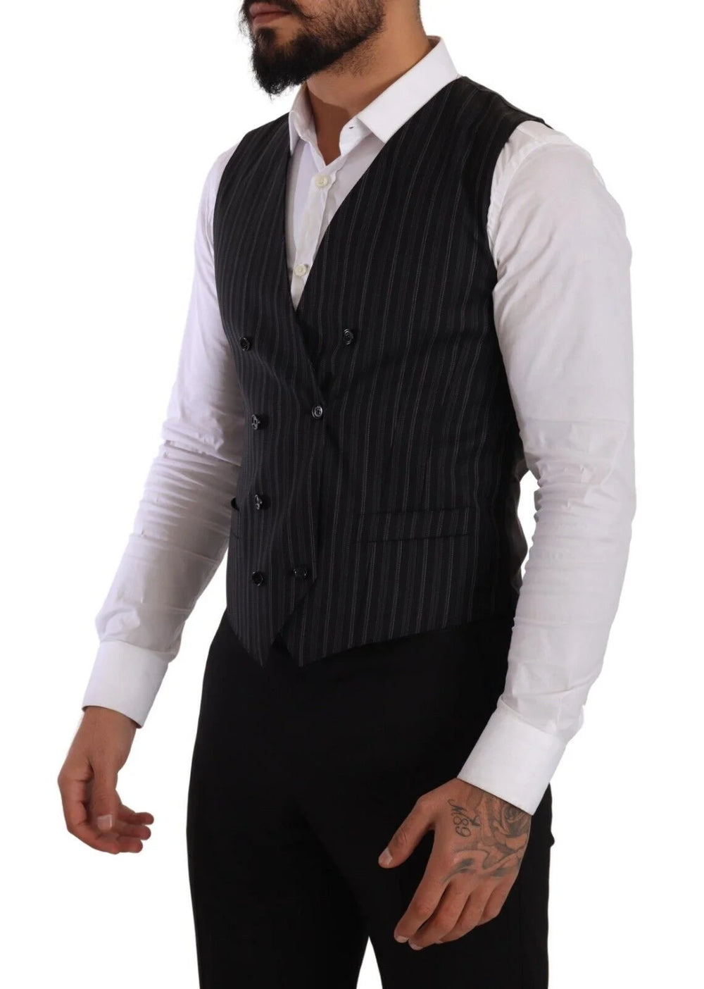 Dolce & Gabbana Gray Striped Double Breasted Waistcoat Vest - IT48 | M - Vests