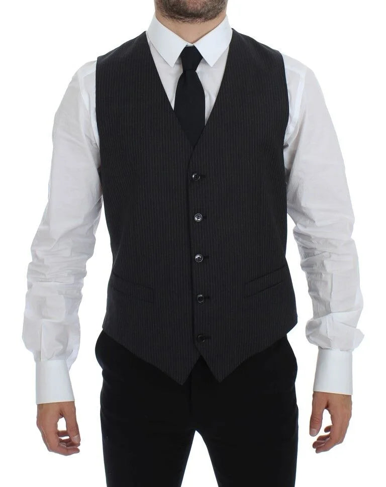 Dolce & Gabbana Gray Striped Wool Single Breasted Vest - IT48 | M - Vests