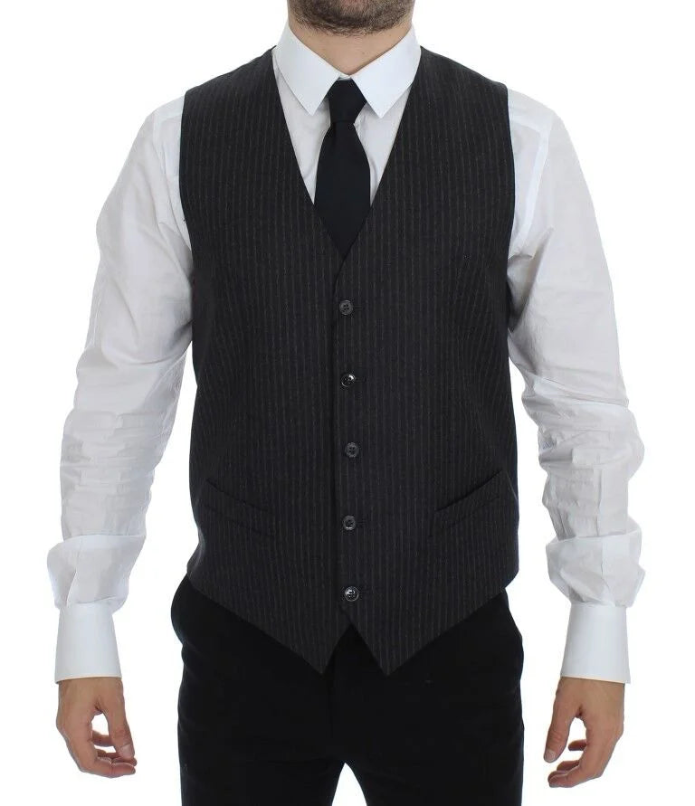 Dolce & Gabbana Gray Striped Wool Single Breasted Vest - IT48 | M - Vests