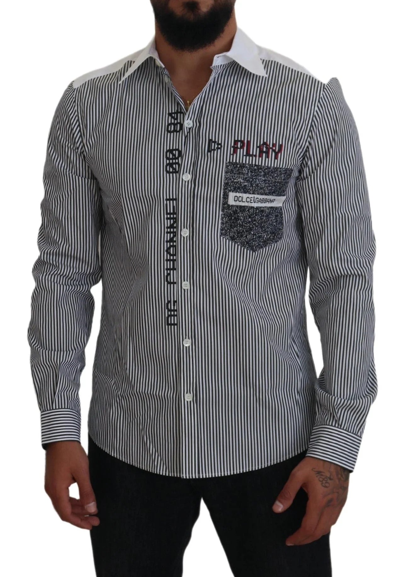Dolce & Gabbana Gray White Striped Slim Fit Shirt - Shirts