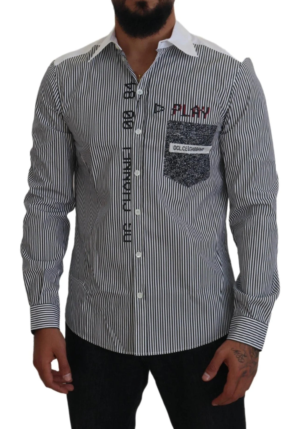 Dolce & Gabbana Gray White Striped Slim Fit Shirt - Shirts