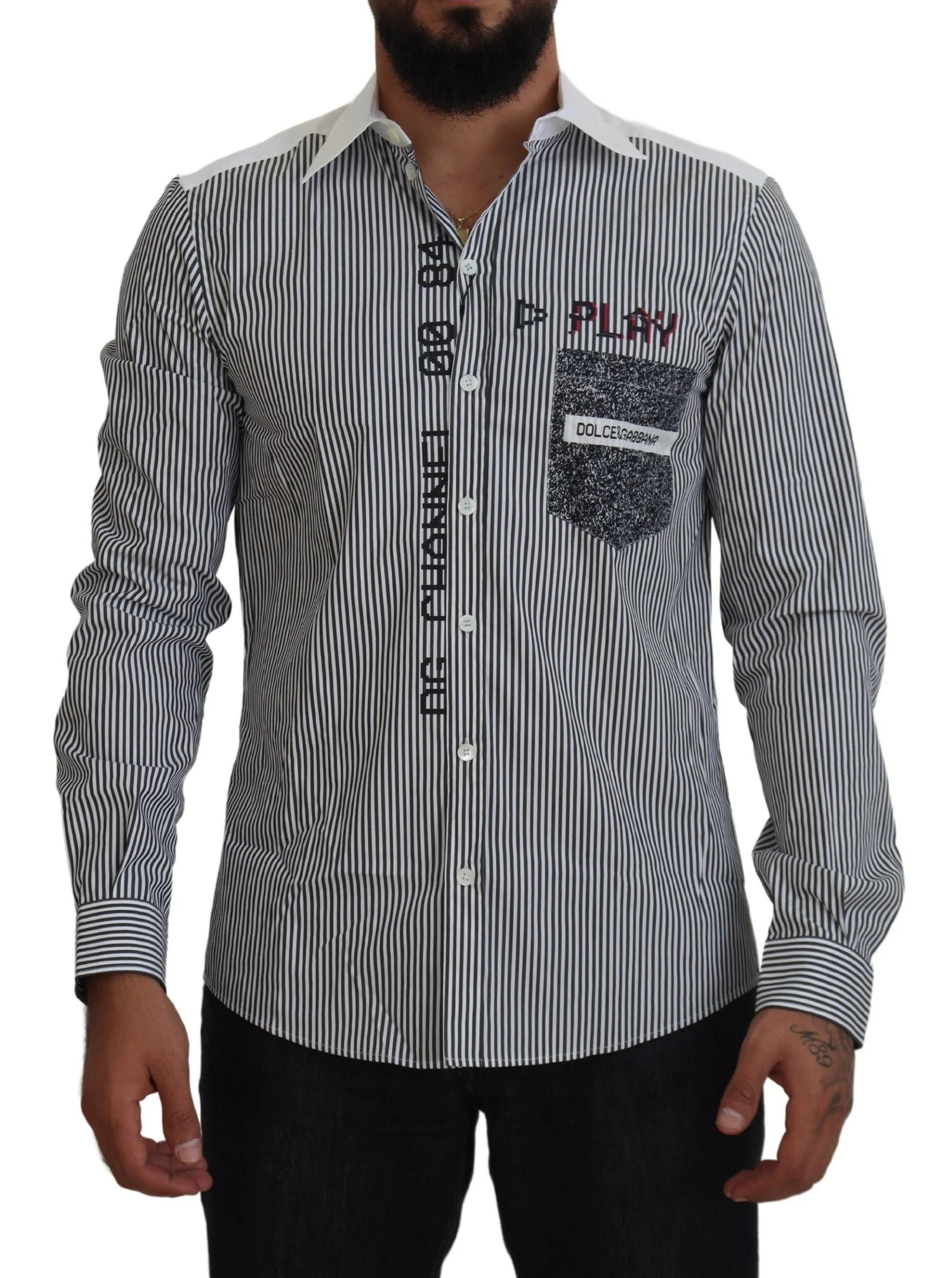 Dolce & Gabbana Gray White Striped Slim Fit Shirt - Shirts