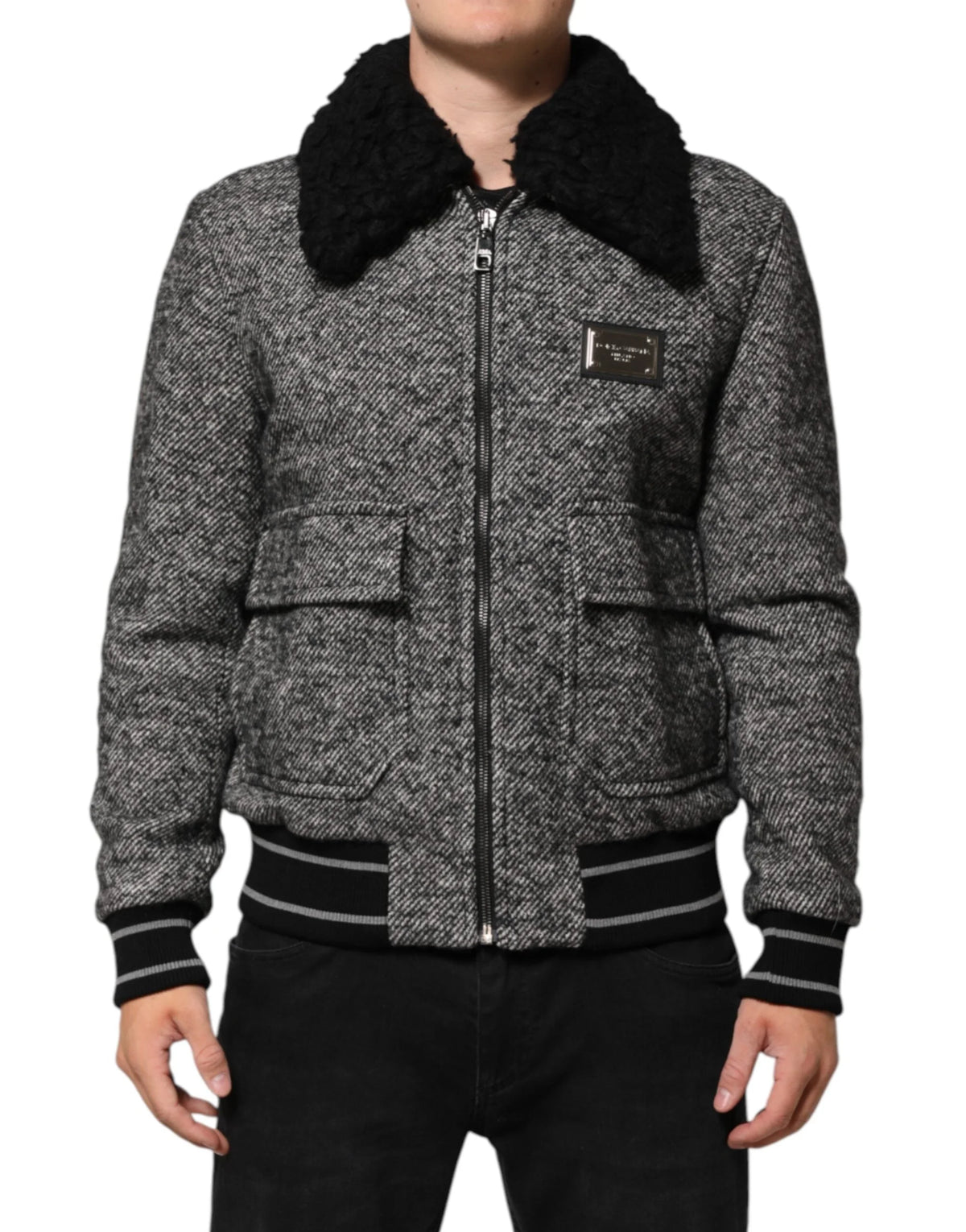 Dolce & Gabbana Gray Wool Herringbone Shearling Collar Bomber Jacket - IT52 | XL - Bomber Jackets