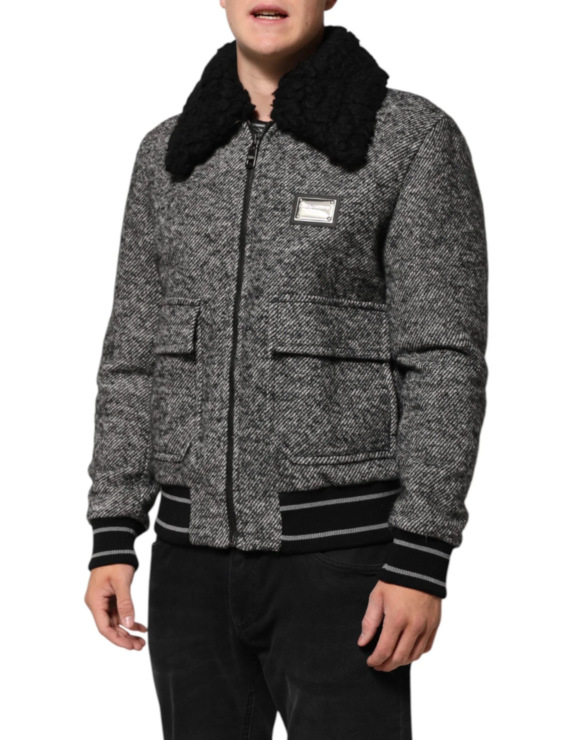 Dolce & Gabbana Gray Wool Herringbone Shearling Collar Bomber Jacket - IT52 | XL - Bomber Jackets