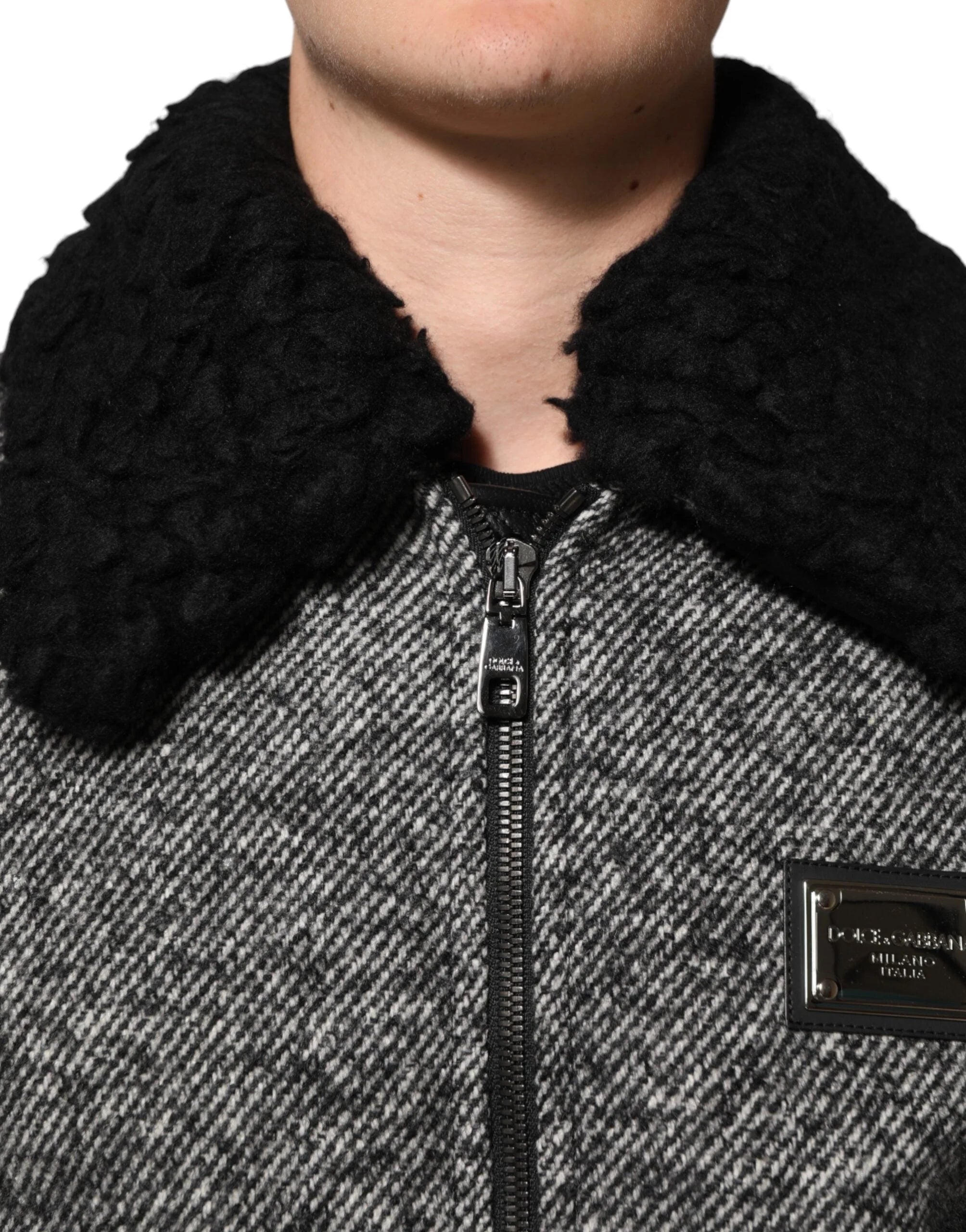 Dolce & Gabbana Gray Wool Herringbone Shearling Collar Bomber Jacket - IT52 | XL - Bomber Jackets