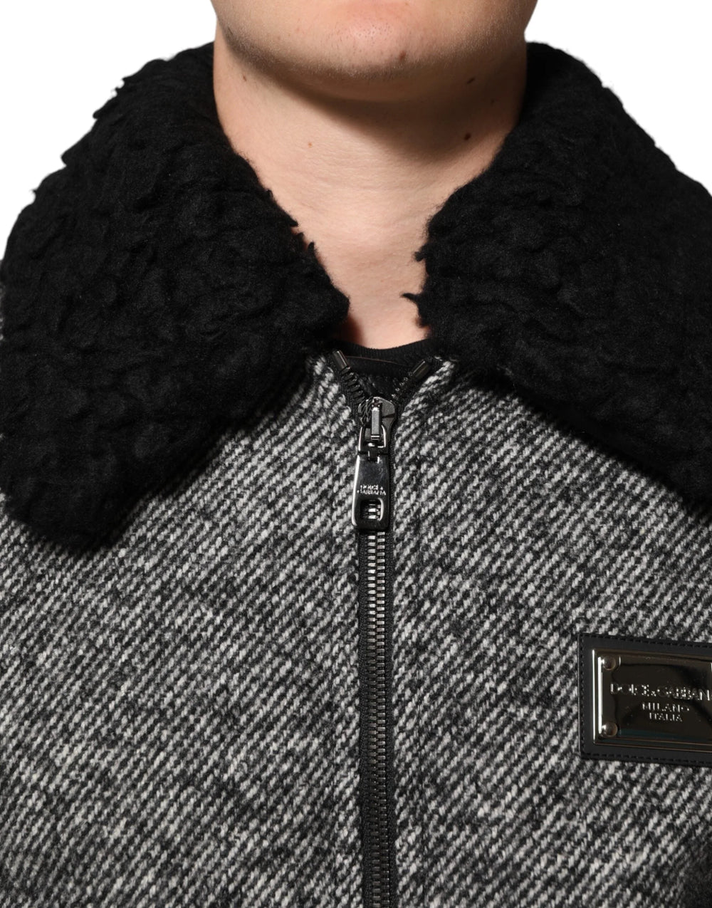Dolce & Gabbana Gray Wool Herringbone Shearling Collar Bomber Jacket - IT52 | XL - Bomber Jackets