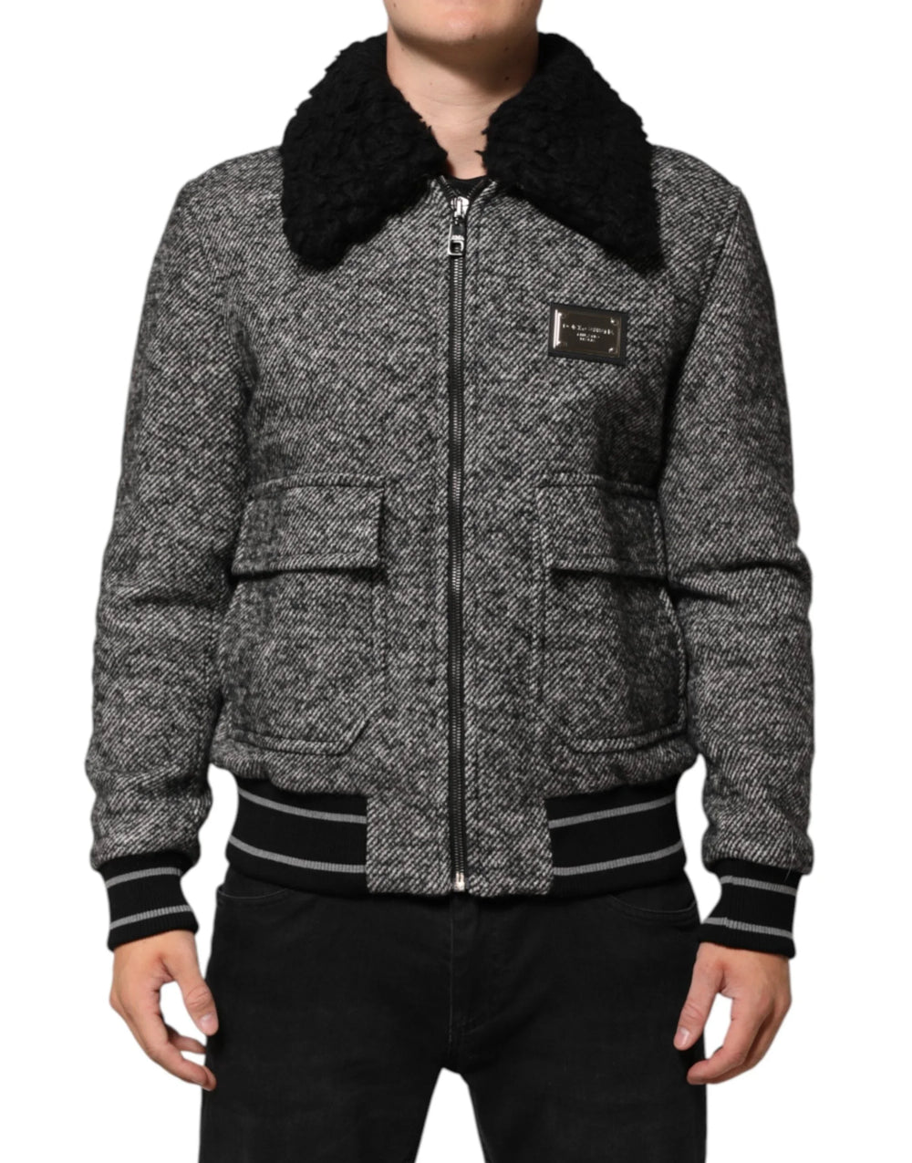Dolce & Gabbana Gray Wool Herringbone Shearling Collar Bomber Jacket - IT52 | XL - Bomber Jackets