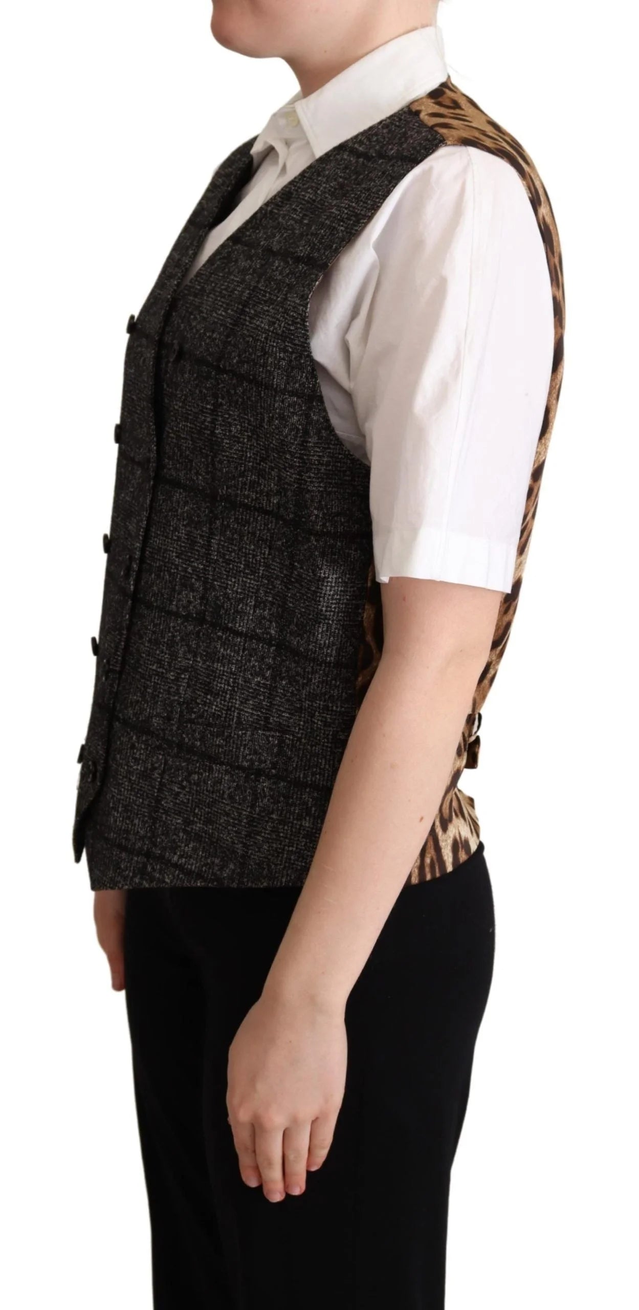 Dolce & Gabbana Gray Wool Leopard Print Waistcoat Vest - IT40|S - Vests