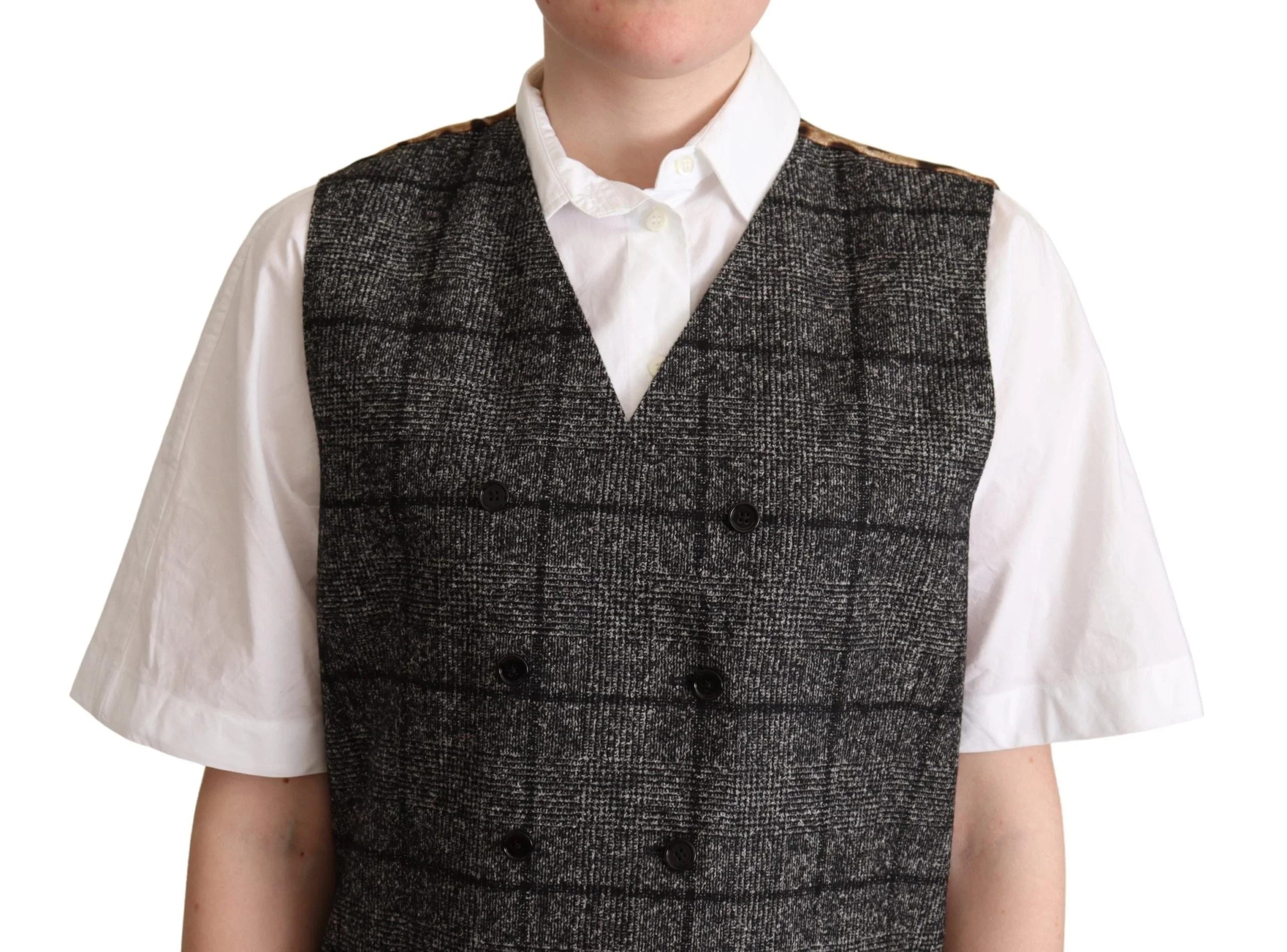 Dolce & Gabbana Gray Wool Leopard Print Waistcoat Vest - IT40|S - Vests