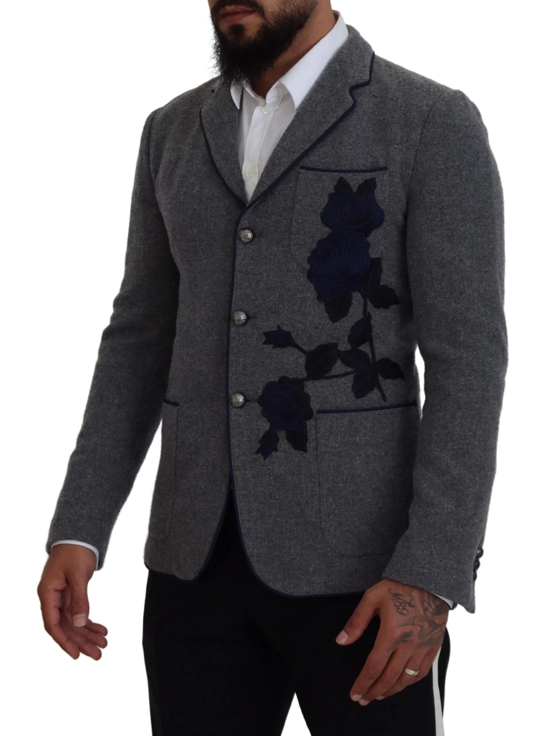 Dolce & Gabbana Gray Wool Roses Slim Fit Jacket Blazer - Sport Jackets