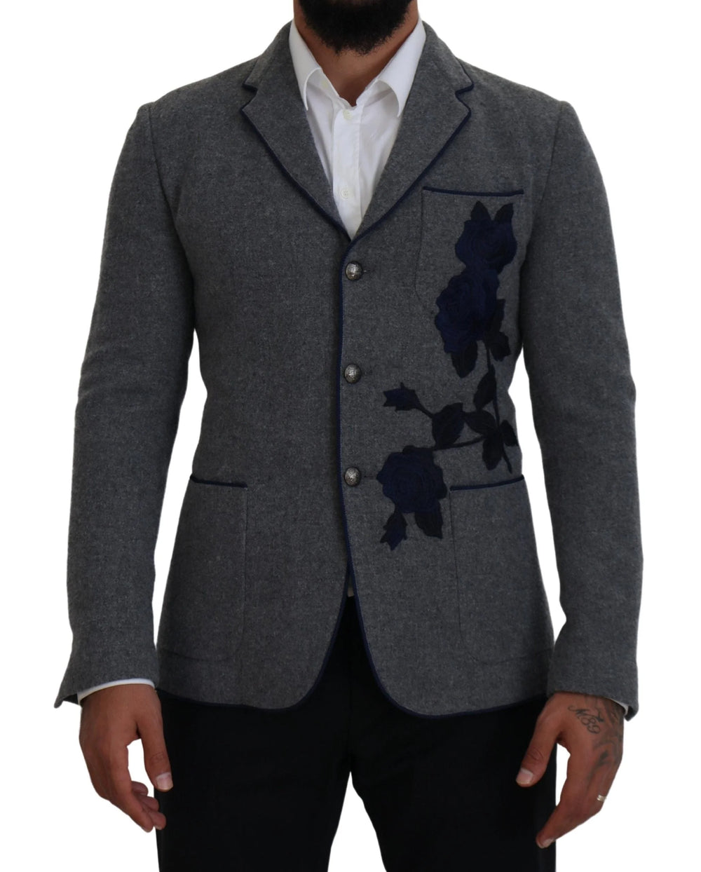 Dolce & Gabbana Gray Wool Roses Slim Fit Jacket Blazer - Sport Jackets