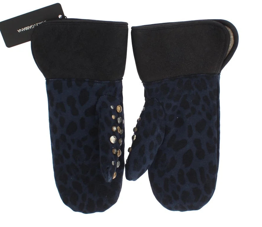 Dolce & Gabbana Gray Wool Shearling Studded Blue Leopard Gloves - 9|M - Gloves & Mittens