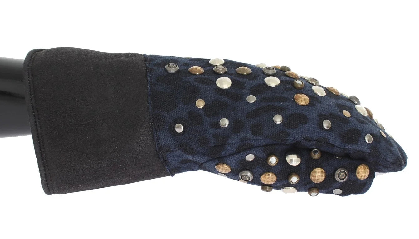 Dolce & Gabbana Harmaat villahuopainen, koristeltu sininen leopardikuvioitu käsinepari - 9|M