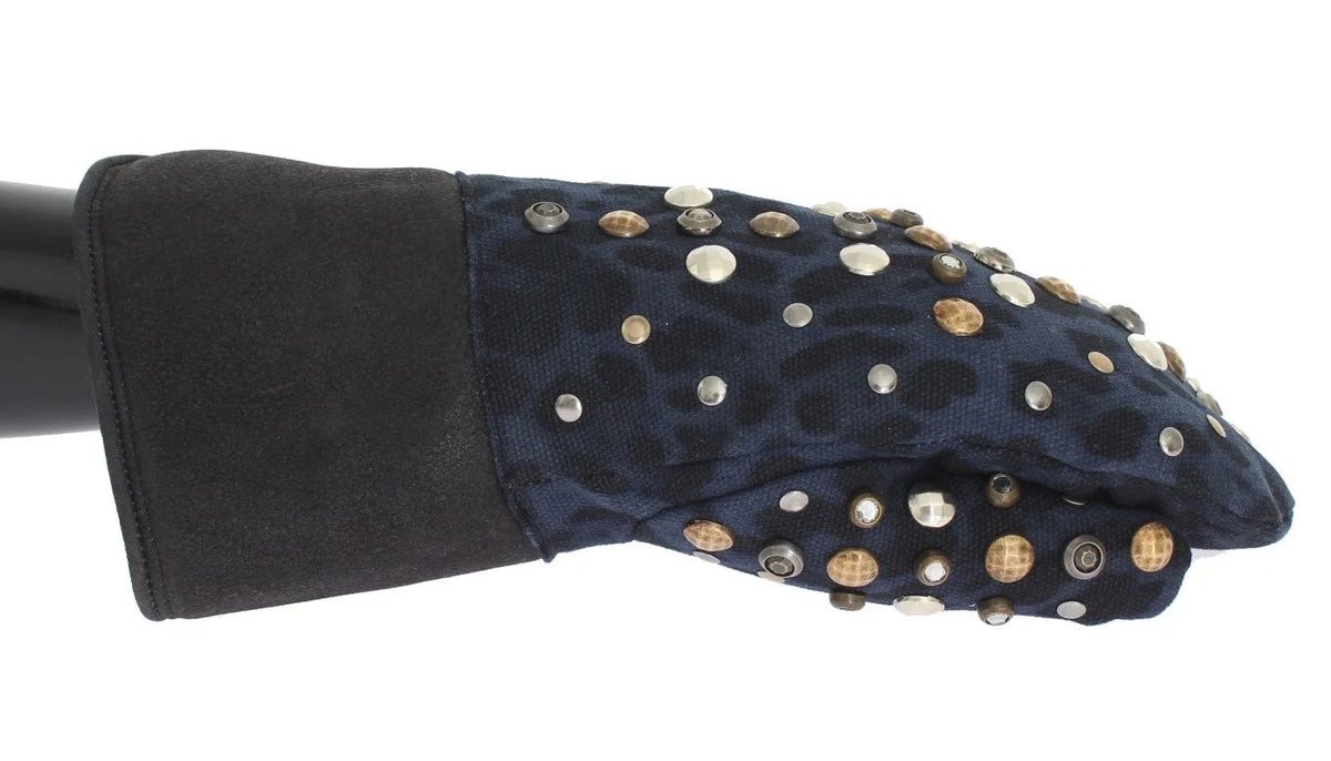 Dolce & Gabbana Harmaat villahuopainen, koristeltu sininen leopardikuvioitu käsinepari - 9|M